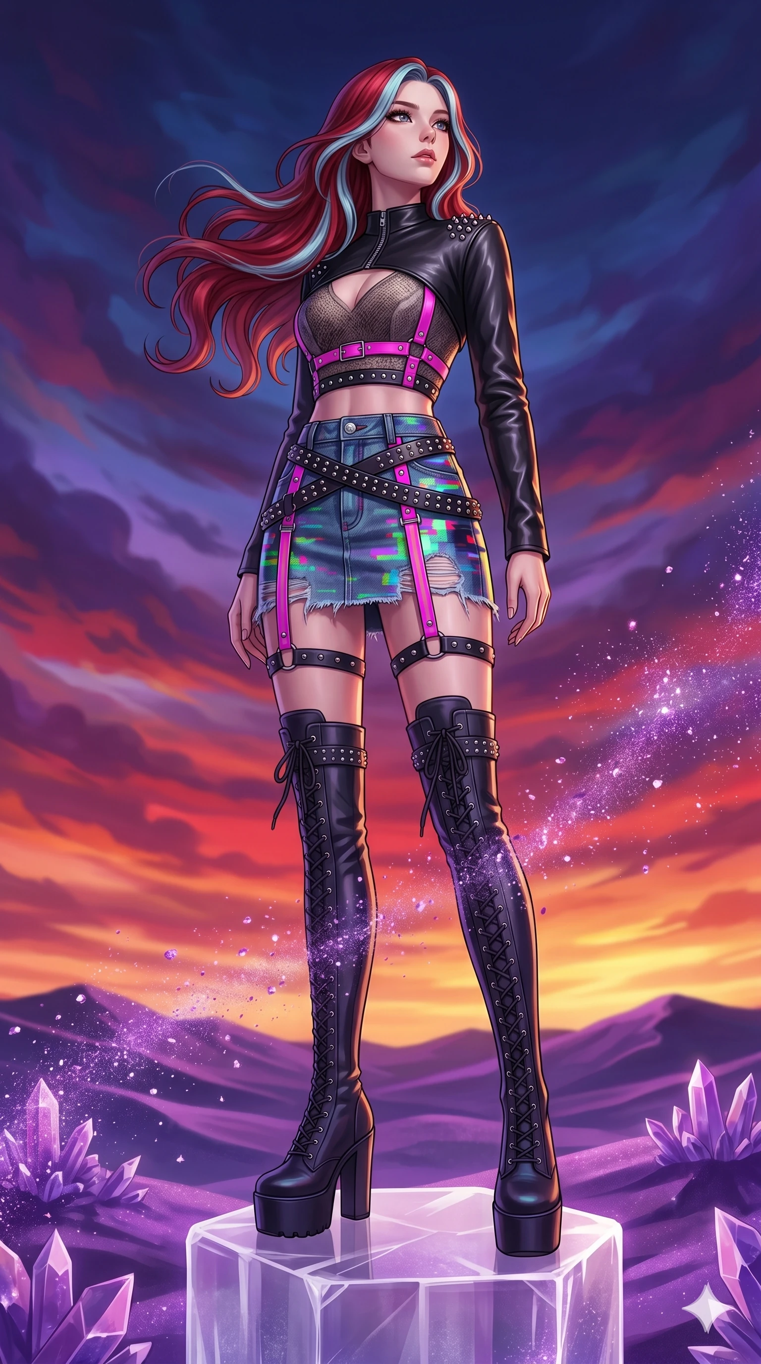 score_9, masterpiece, best quality, ultra-detailed, high-budget anime keyframe, Caucasian woman, strictly human ears. low angle full-body shot filling the entire 9:16 frame with her statuesque presence, stretching the vertical silhouette. standing atop a transparent salt crystal tower in a purple crystalline desert as winds blow shimmering purple dust under a crimson sunset. She has an absolutely perfect 8-heads proportion, an exceptionally tall and slender female figure with impossibly long slender legs and an ultra-slim waist. V-shaped jawline, high-bridge nose, intricate jewel-like eyes with depth, thick eyelashes, glossy lips with a natural sheen.. wearing a glitch denim and studded leather outfit, featuring an RGB glitch pattern denim micro-skirt, a single-sleeve cropped leather jacket, and neon pink harness straps. accented by dynamic color-blocked lighting with high-contrast shadows emphasizing her statuesque height. 2k, ultra detail, master piece, 9:16 ratio