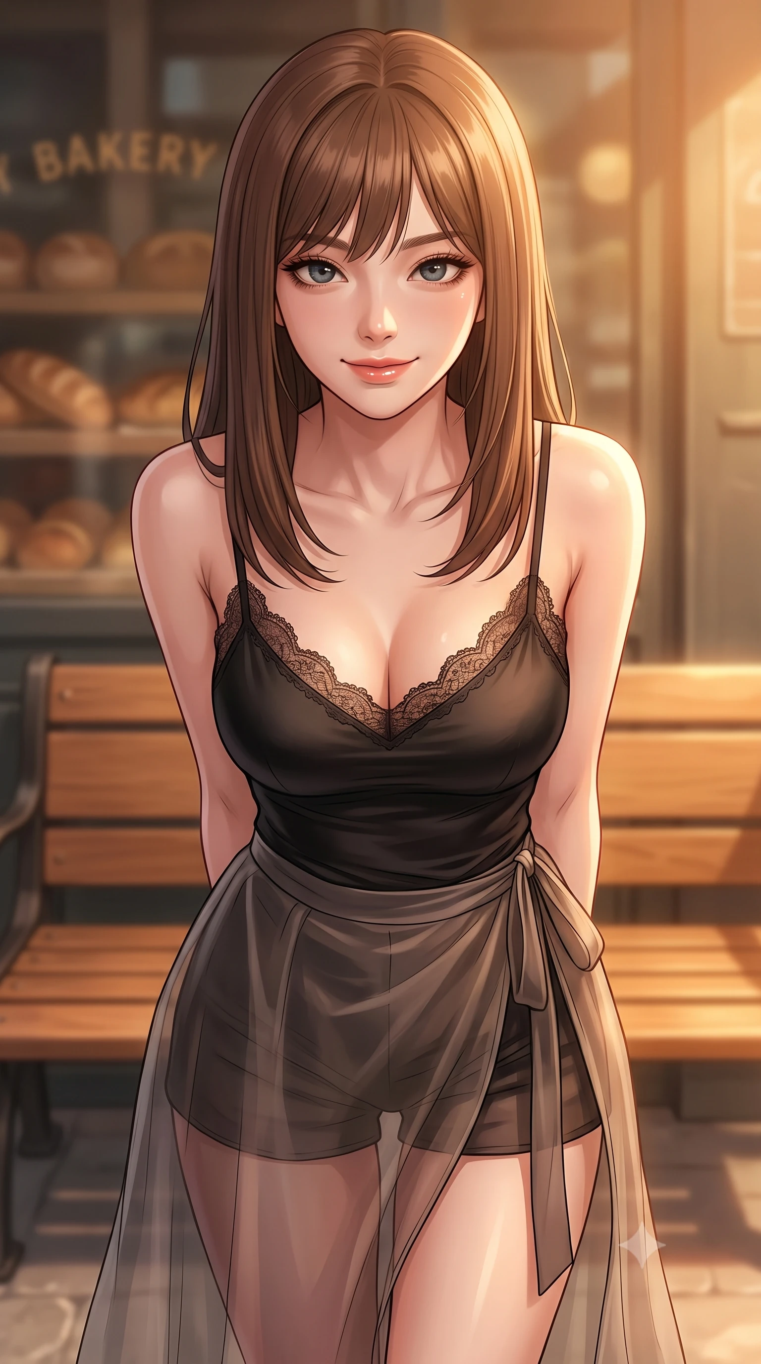 score_9, masterpiece, best quality, ultra-detailed, high-budget anime keyframe, editorial fashion photography, tasteful artistic composition, Korean woman woman. close-up cowboy shot from the waist and thighs up, the character dominates the composition, filling the frame with her large presence, background elements kept in soft focus. leaning slightly forward with a playful, teasing smile, her gaze locked onto the viewer the background shows a soft-focus a wooden bench outside a cozy bakery, with the scent of fresh bread in the soft focus air. She has an exceptionally elegant, slender, and willowy female figure with an ultra-slim waist, a gracefully sculpted slender torso, and a refined silhouette. sharp v-shaped jawline, high-bridge nose, intricate jewel-like eyes with depth, thick eyelashes, glossy lips with a natural sheen. wearing a body-hugging delicate lace-trim camisole in black silk, paired with a sheer organza wrap skirt and shorts. warm morning sunbeams casting a cozy amber glow. 2k, ultra detail, master piece, 9:16 ratio