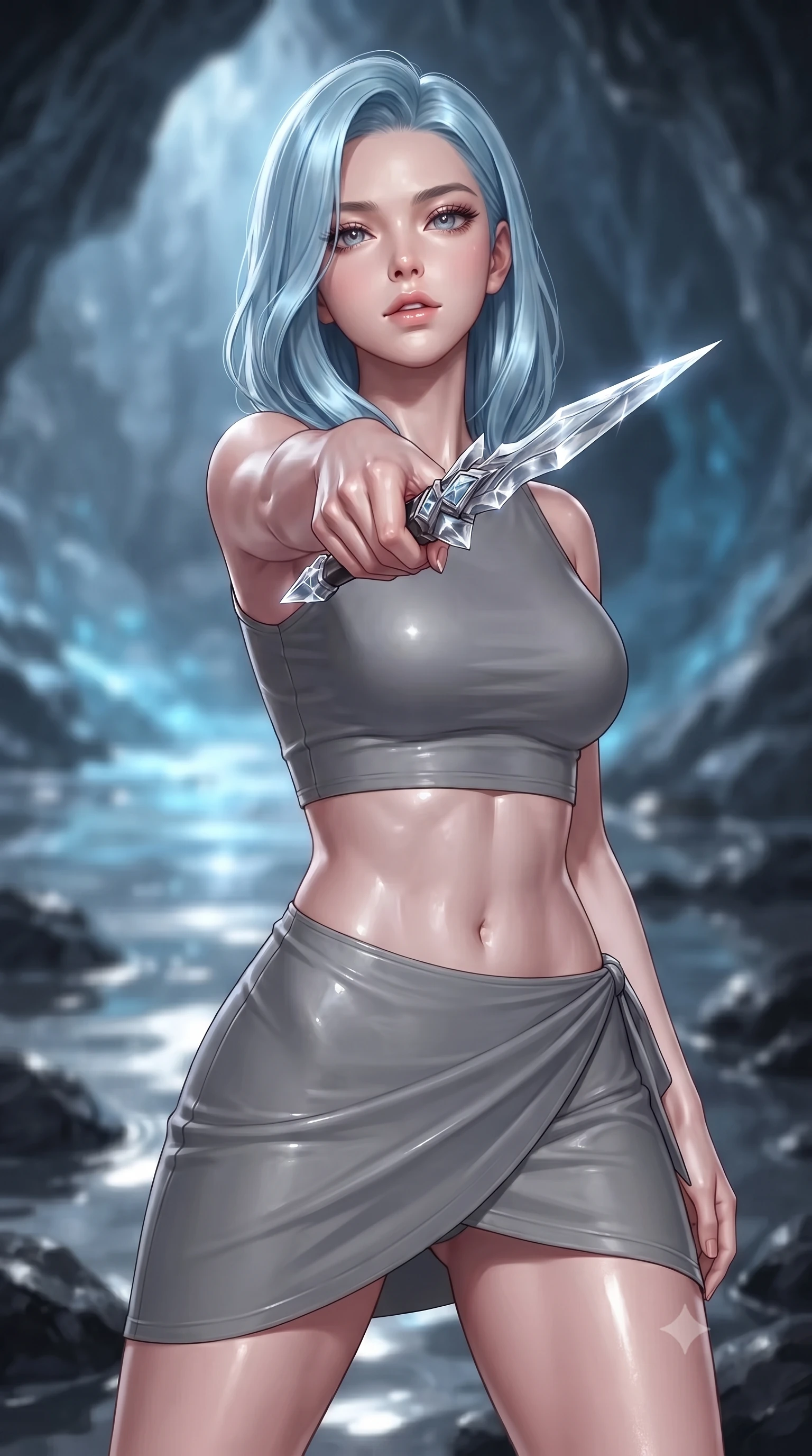 score_9, masterpiece, best quality, ultra-detailed, high-budget anime keyframe, editorial fashion photography, tasteful artistic composition, Korean woman. close-up cowboy shot from the waist and thighs up, the character dominates the composition, filling the frame with her large presence, background elements kept in soft focus. pointing a crystal-edged laser dagger forward in a defensive stance, tilting her chin up slightly with lips parted in a composed pose, the background shows a soft-focus a marine cave spring filled with liquid silver mercury and black obsidian rocks. She has an exceptionally elegant, slender, and willowy female figure with an ultra-slim waist, a gracefully sculpted slender torso, and a refined silhouette. sharp v-shaped jawline, high-bridge nose, intricate jewel-like eyes with depth, thick eyelashes, glossy lips with a natural sheen. wearing a body-hugging summer-combat crop top and wrap skirt set in carbon-grey, showing her delicately sculpted midriff. soft blue light reflecting from the mercury pool onto the cave walls and ceiling. ultra-reflective glossy finish, specular highlights, metallic sheen, high-contrast stereoscopic depth, volumetric dynamic lighting, 2k, ultra detail, master piece, 9:16 ratio
