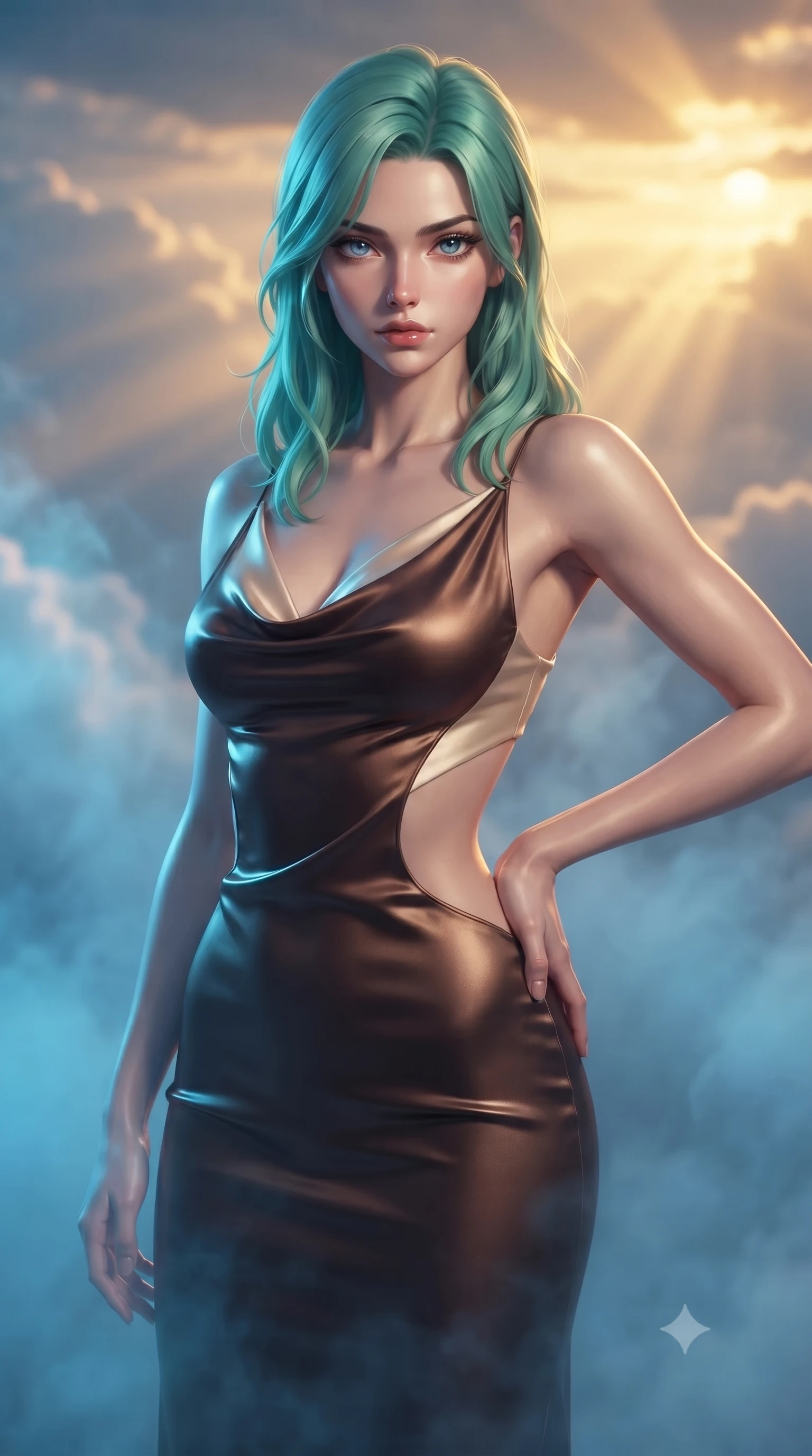 score_9, masterpiece, best quality, ultra-detailed, high-budget anime keyframe, editorial fashion photography, tasteful artistic composition, Japanese woman. close-up cowboy shot from the waist and thighs up, the character dominates the composition, filling the frame with her large presence, background elements kept in soft focus. Holding a confident power pose with one hand on her hip, gazing directly into the camera with quiet intensity walking through a misty cloud room catching dramatic golden sunset rays, dramatic contrast of warm golden sunset outside and cool electric blue inside. She has an exceptionally elegant, slender, and willowy female figure with an ultra-slim waist, a gracefully sculpted slender torso, and a refined silhouette. sharp v-shaped jawline, high-bridge nose, intricate jewel-like eyes with depth, thick eyelashes, glossy lips with a natural sheen. wearing an elegant cowl-neck satin midi dress with a draped neckline in espresso brown and warm cream, crafted from smooth liquid silk, featuring clean architectural cutouts along her slender torso, the glove-like fit emphasizing her statuesque silhouette. bathed in a dual-tone palette of electric blue and warm amber sky rays. ultra-reflective glossy finish, specular highlights, metallic sheen, high-contrast stereoscopic depth, volumetric dynamic lighting, 2k, ultra detail, master piece, 9:16 ratio