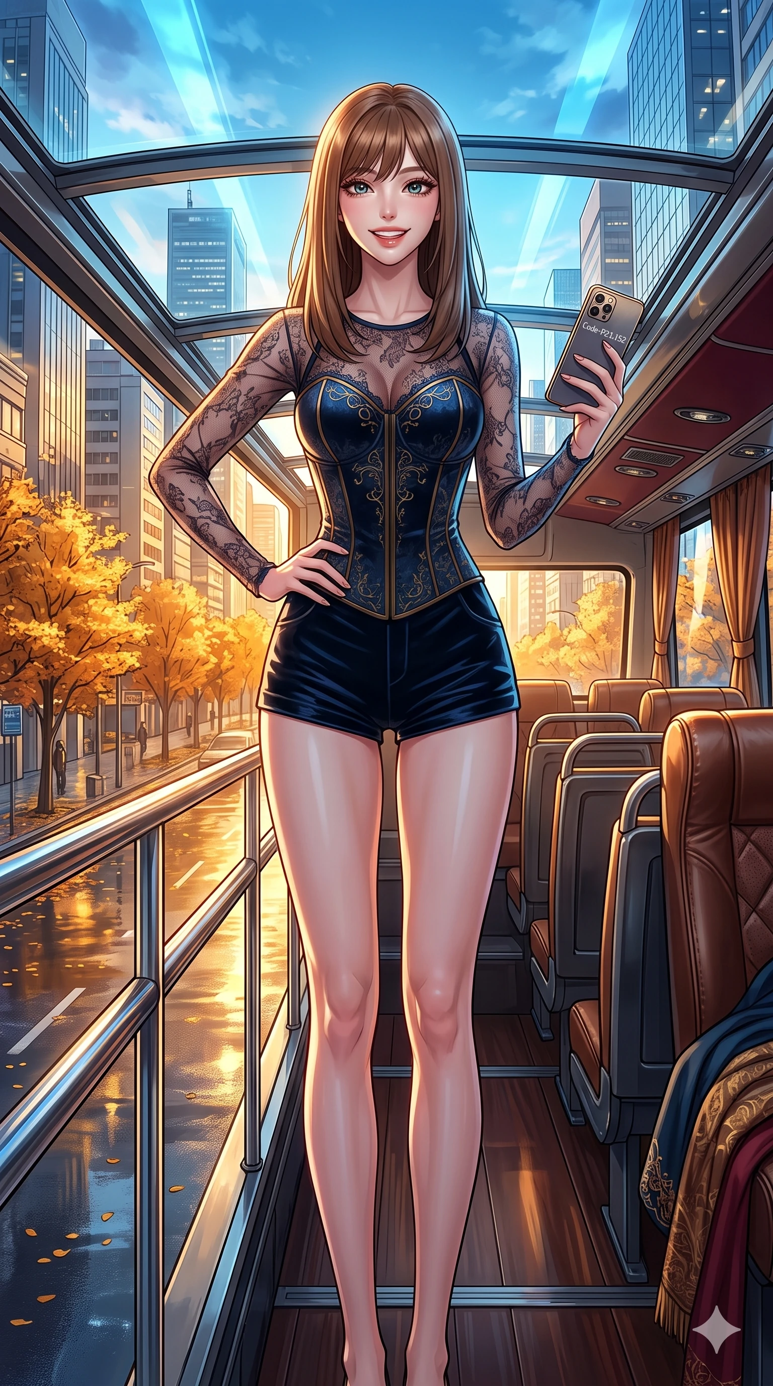 score_9, masterpiece, best quality, ultra-detailed, high-budget anime keyframe, vibrant anime aesthetic, Korean woman. cowboy shot from the thighs up, character and outfit filling the frame for maximum presence. She is posing with a bright winter grin, one hand on her hip, looking at the lens on a luxury bus deck cruising the golden avenue (Code-P21-152). She has an absolutely perfect 8-heads proportion, an exceptionally tall and slender female figure with impossibly long slender legs and an ultra-slim waist. V-shaped jawline, high-bridge nose, intricate jewel-like eyes with depth, thick eyelashes, glossy lips with a natural sheen. wearing a dark velvet corset combined with a sheer lace top in winter. She is cool, bright winter sky reflections from all sides, outlining her tall slender figure. 2k, ultra detail, master piece, 9:16 ratio