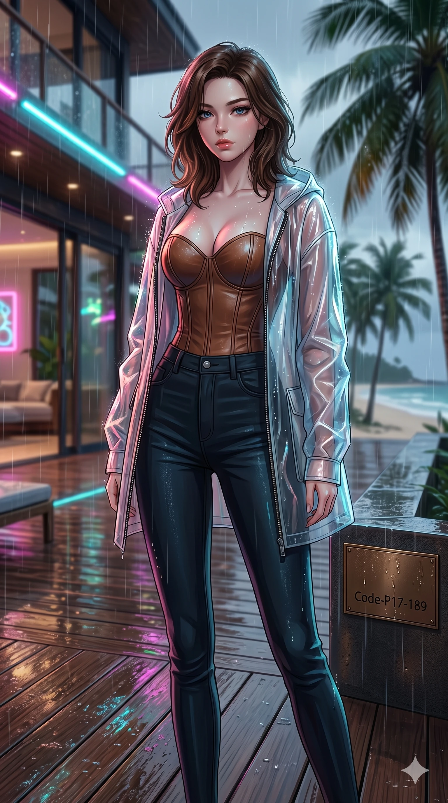 score_9, masterpiece, best quality, ultra-detailed, high-budget anime keyframe, editorial fashion photography, tasteful artistic composition, Korean woman. cowboy shot from the thighs up, character and outfit filling the frame for maximum editorial presence. standing tall, looking over her shoulder with a magnetic gaze on a teak deck of a luxury beach villa (Code-P17-189). She has an absolutely perfect 8-heads proportion, an exceptionally tall and slender female figure with impossibly long slender legs and an ultra-slim waist. V-shaped jawline, high-bridge nose, intricate jewel-like eyes with depth, thick eyelashes, glossy lips with a natural sheen. wearing a leather corset with sweetheart neckline revealing cleavage. neon lights refracting through the rain droplets, creating a sparkling, wet glow on her. 2k, ultra detail, master piece, 9:16 ratio