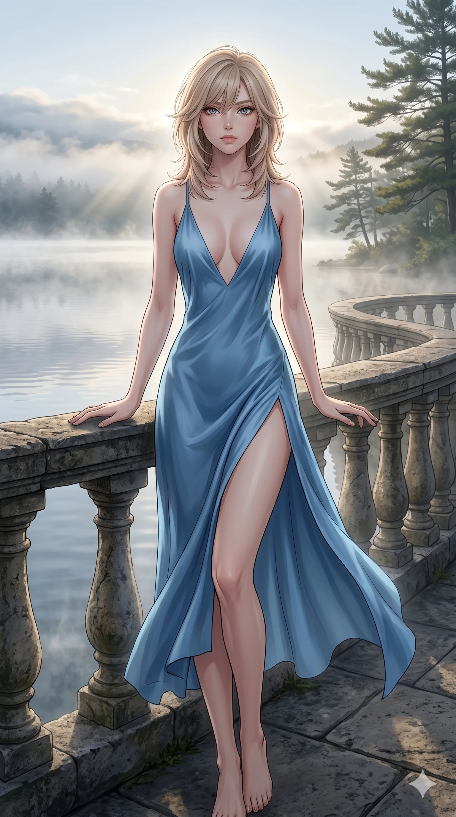 score_9, masterpiece, best quality, ultra-detailed, high-budget anime keyframe, editorial fashion photography, tasteful artistic composition, Japanese woman. cowboy shot from the thighs up, character and outfit filling the frame for maximum editorial presence. resting her hands on the stone railing, looking past the camera with wistful, serene self-assurance on a private viewing balcony overlooking a misty lakeside at dawn (Code-P16-008). She has an absolutely perfect 8-heads proportion, an exceptionally tall and slender female figure with impossibly long slender legs and an ultra-slim waist. V-shaped jawline, high-bridge nose, intricate jewel-like eyes with depth, thick eyelashes, glossy lips with a natural sheen. wearing a lightweight blue silk slip dress with an ultra-deep plunging neckline and a high side slit to mid-thigh. bathed in soft morning sunbeams filtered through the lake mist, creating a soft glowing aura. 2k, ultra detail, master piece, 9:16 ratio