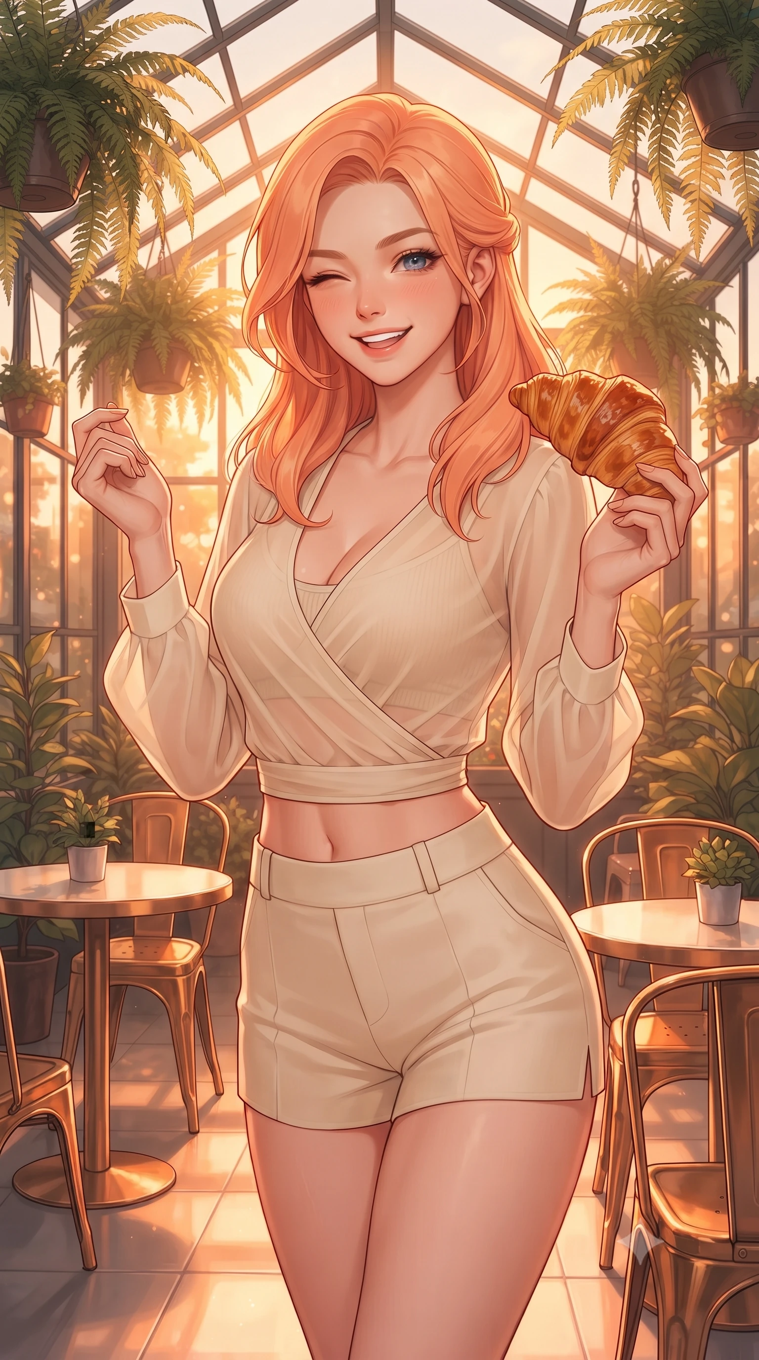 score_9, masterpiece, best quality, ultra-detailed, high-budget anime keyframe, editorial fashion photography, tasteful artistic composition, Japanese woman. close-up cowboy shot from the waist and thighs up, the character dominates the composition, filling the frame with her large presence, background elements kept in soft focus. smiling brightly with a cheerful expression, winking playfully at the viewer set against a soft-focus background of in a quiet glass-roofed sunroom cafe filled with hanging ferns and flower pots holding a freshly baked croissant with a happy, delighted look. She has an exceptionally elegant, slender, and willowy female figure with an ultra-slim waist, a gracefully sculpted slender torso, and a refined silhouette. sharp v-shaped jawline, high-bridge nose, intricate jewel-like eyes with depth, thick eyelashes, glossy lips with a natural sheen. wearing tailored sheer chiffon wrap top in cream, worn over a slim-fit knit bralette and low-cut shorts. golden hour sunset rays painting the cozy interior in a warm orange wash. ultra-reflective glossy finish, specular highlights, metallic sheen, high-contrast stereoscopic depth, volumetric dynamic lighting, 2k, ultra detail, master piece, 9:16 ratio