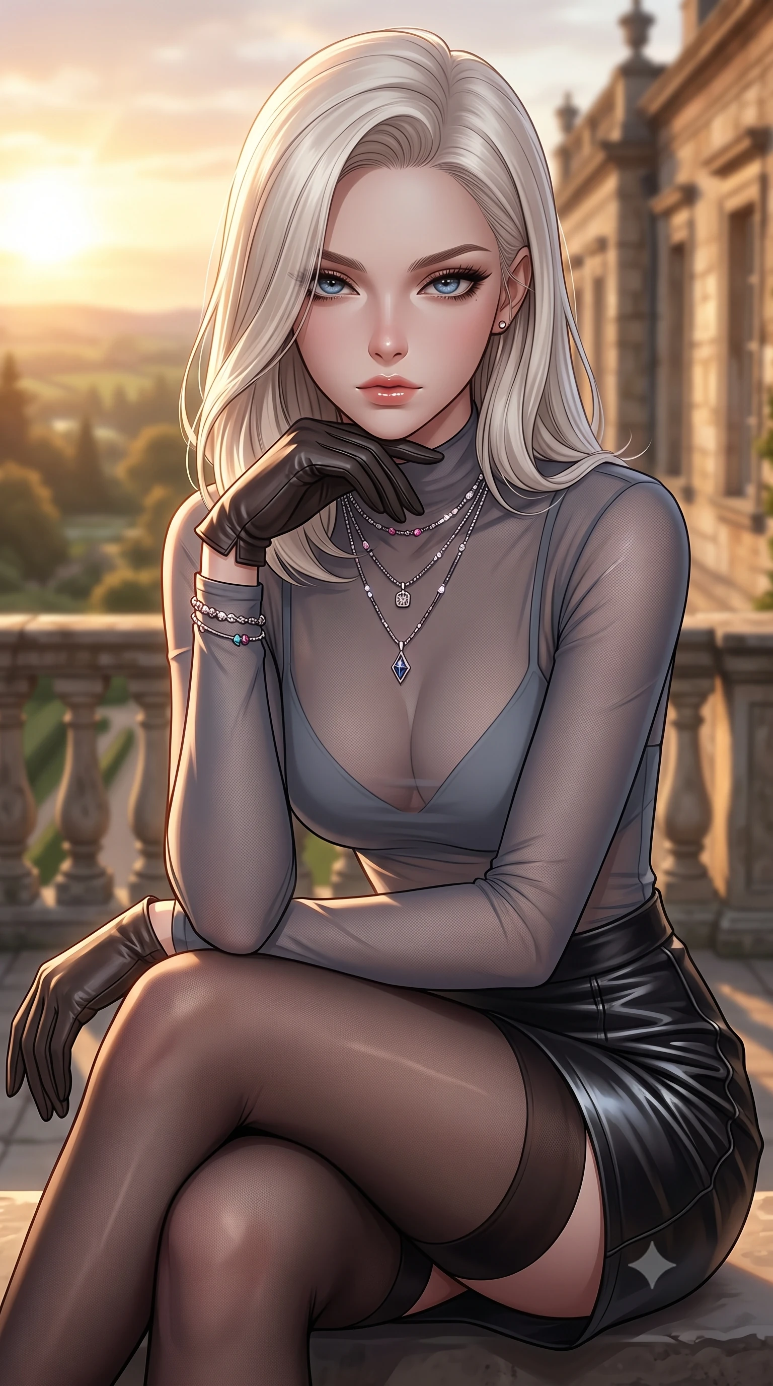 score_9, masterpiece, best quality, ultra-detailed, high-budget anime keyframe, editorial fashion photography, tasteful artistic composition, Caucasian woman. close-up cowboy shot from the waist and thighs up, the character dominates the composition, filling the frame with her large presence, background elements kept in soft focus. resting her chin on the backs of her fingers, casting a heavy-lidded, sultry look past the camera the background shows a soft-focus a historic estate balustrade terrace looking down at a botanical valley at sunset. She has an exceptionally elegant, slender, and willowy female figure with an ultra-slim waist, a gracefully sculpted slender torso, and a refined silhouette. sharp v-shaped jawline, high-bridge nose, intricate jewel-like eyes with depth, thick eyelashes, glossy lips with a natural sheen. wearing a form-contouring semi-transparent mesh top in slate grey, paired with a leather mini skirt and sheer stockings. late afternoon sun casting a majestic golden glow over the stone walls. ultra-reflective glossy finish, specular highlights, metallic sheen, high-contrast stereoscopic depth, volumetric dynamic lighting, 2k, ultra detail, master piece, 9:16 ratio