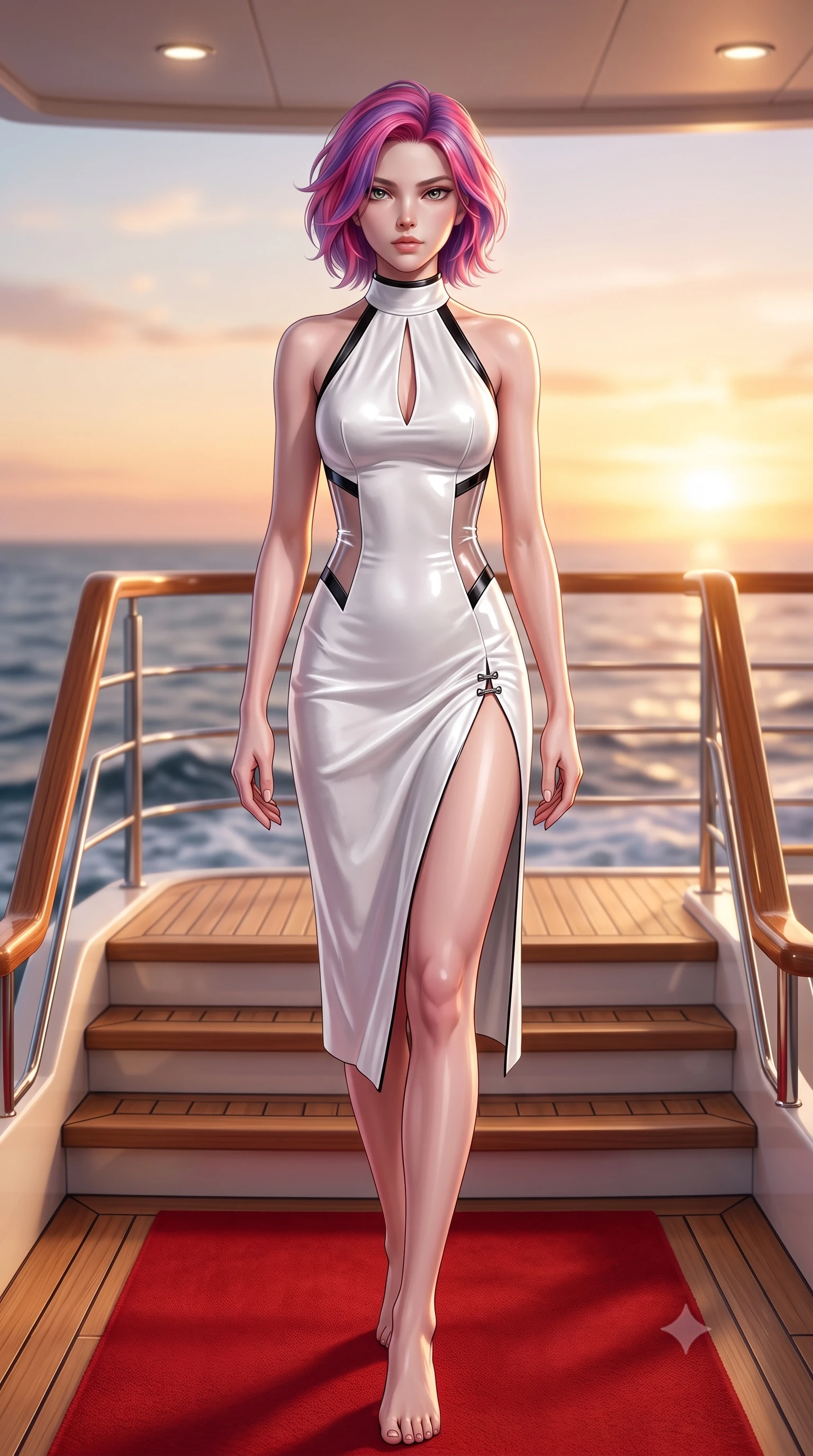 score_9, masterpiece, best quality, ultra-detailed, high-budget anime keyframe, semi-realistic 3D game render, editorial fashion photography, tasteful artistic composition, Caucasian woman. low angle full-body shot from head to toe showing her feet, filling the entire 9:16 vertical frame with her statuesque presence, stretching her vertical silhouette. striding forward in a proud, statuesque motion with a dangerous smolder, her vertical silhouette dominating the frame from head to toe while stepping gracefully down the teak yacht stairway onto a red carpet runway under glowing twilight skies. The composition keeps background elements in soft focus with creamy bokeh. sparkling sunset light on ocean waves creating a soft, glamorous golden backdrop. She has an absolutely perfect, statuesque 8.5-heads proportion, an exceptionally tall and slender model-like female figure with impossibly long slender legs, a toned flat midriff, and an ultra-slim waist. sharp v-shaped jawline, high-bridge nose, intricate jewel-like eyes with depth, thick eyelashes, glossy lips with a natural sheen, flawlessly proportioned anatomical accuracy, strict slender model proportions, natural body alignment, perfectly sculpted long slender limbs, ultra-slim waistline, clean dynamic posture without body distortion. wearing a velvet halter-neck midi dress fitting her statuesque contour flawlessly with a Tasteful chest slit and open spine in high-gloss monochrome white and sharp black contrast, tailored from semi-translucent cybernetic vinyl with glowing micro-filaments, finished with an ultra-high side slit secured by miniature magnetic clasps, the precision-cut daring openings accentuating her delicate midriff, graceful bare collarbones, and ultra-slim feminine waistline. illuminated by soft yacht ambient lighting and crisp specular highlights tracing her slender curves. highly saturated vibrant anime colors, detailed shading with soft gradients, rich glossy textures, high-contrast stereoscopic depth, volumetric dynamic lighting, master piece, 9:16 ratio