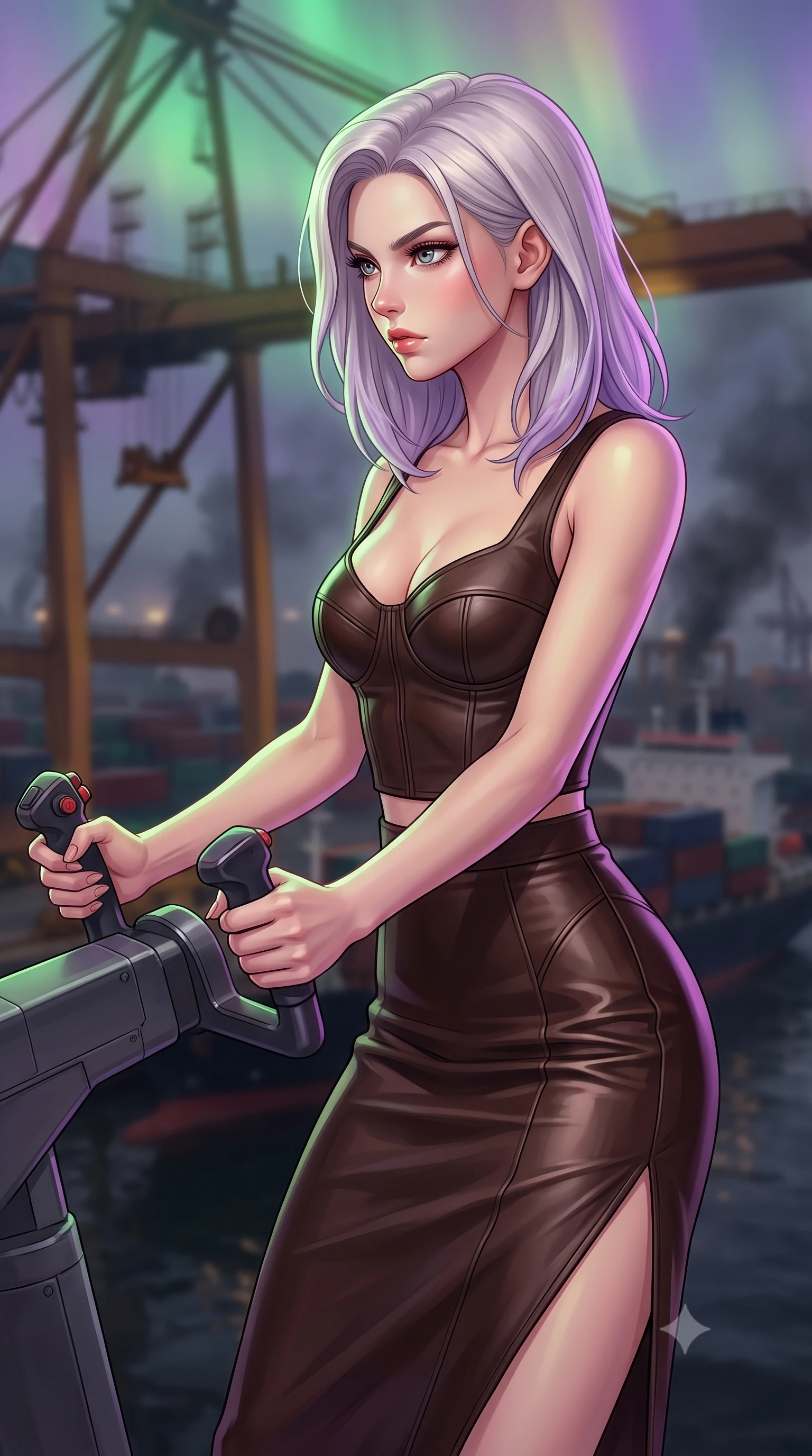 score_9, masterpiece, best quality, ultra-detailed, high-budget anime keyframe, editorial fashion photography, tasteful artistic composition, Caucasian woman, strictly human ears. close-up cowboy shot from the waist and thighs up, the character dominates the composition, filling the frame with her large presence, background elements kept in soft focus. Piloting a starfighter through a tight asteroid gap, hands tight on the flight yoke, looking sharply left. set against a soft-focus background of a high industrial crane gantry overlooking a dark, smoky harbor filled with cargo ships. She has an exceptionally elegant and slender, willowy female figure with an ultra-slim waist, a gracefully sculpted slender torso, and a refined slim physique. sharp v-shaped jawline, high-bridge nose, intricate jewel-like eyes with depth, thick eyelashes, glossy lips with a natural sheen. wearing tailored for maximum mobility, sleek form-contouring panels that allow fluid movement, a tailored fitted bustier top in dark chocolate brown leather, paired with a matching high-waisted midi skirt with a high side slit. highly saturated vibrant anime colors, intense vivid color palette, soft 3D volumetric shading, volumetric dynamic lighting, illuminated by a shifting aurora palette of green violet and gold from above. 2k, ultra detail, master piece, 9:16 ratio