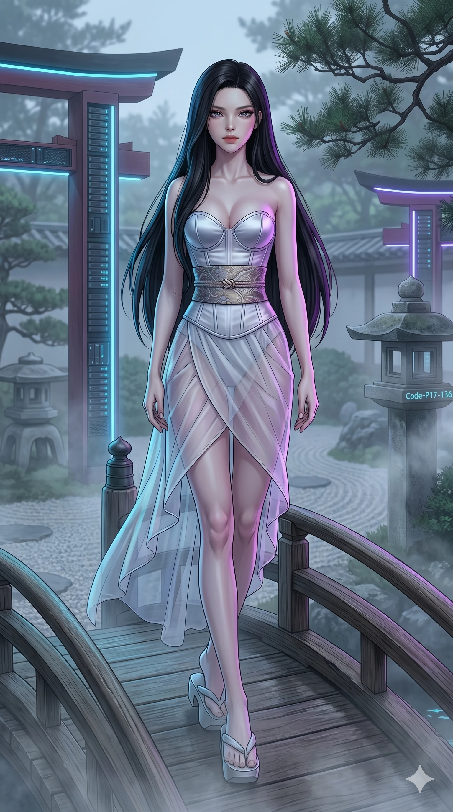 score_9, masterpiece, best quality, ultra-detailed, high-budget anime keyframe, editorial fashion photography, tasteful artistic composition, Korean woman. cowboy shot from the thighs up, character and outfit filling the frame for maximum editorial presence. holding a powerful pose, looking past the camera with quiet superiority on a bridge in a Japanese garden with rising mist (Code-P17-136). She has an absolutely perfect 8-heads proportion, an exceptionally tall and slender female figure with impossibly long slender legs and an ultra-slim waist. V-shaped jawline, high-bridge nose, intricate jewel-like eyes with depth, thick eyelashes, glossy lips with a natural sheen. wearing a structured satin corset combined with a transparent chiffon wrap skirt. neon blue and violet light from the servers casting sharp specular highlights on her outfit. 2k, ultra detail, master piece, 9:16 ratio