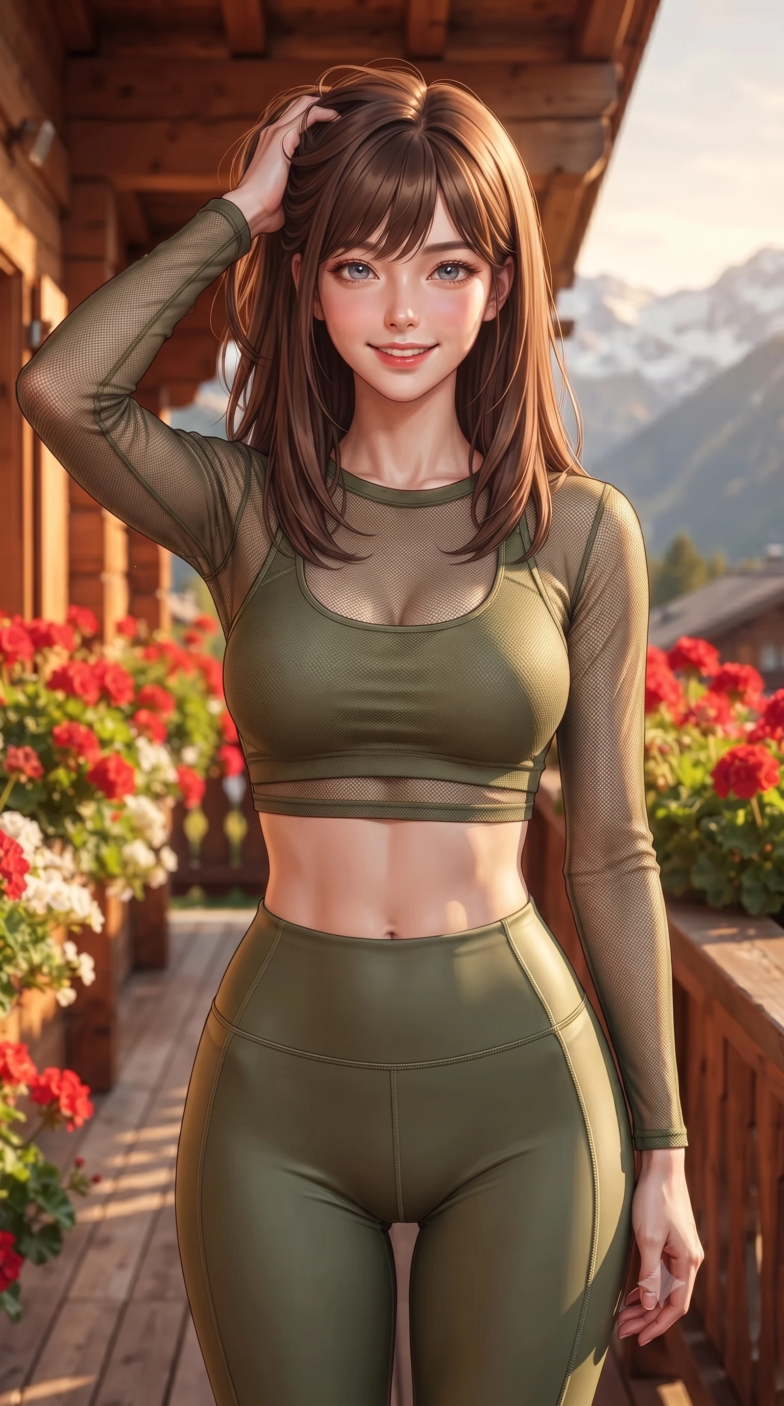 score_9, masterpiece, best quality, ultra-detailed, high-budget anime keyframe, editorial fashion photography, tasteful artistic composition, Korean woman woman. close-up cowboy shot from the waist and thighs up, the character dominates the composition, filling the frame with her large presence, background elements kept in soft focus. smiling with quiet, magnetic self-assurance directly into the camera, running a hand through her hair the background shows a soft-focus a wooden balcony of a Swiss chalet decorated with red geraniums. She has an exceptionally elegant, slender, and willowy female figure with an ultra-slim waist, a gracefully sculpted slender torso, and a refined silhouette. sharp v-shaped jawline, high-bridge nose, intricate jewel-like eyes with depth, thick eyelashes, glossy lips with a natural sheen. wearing a body-hugging sheer mesh long-sleeve crop top in olive green, worn over a matching sports bra and leggings. warm afternoon sunbeams coloring the wooden beams and flowers in vivid tones. ultra-reflective glossy finish, specular highlights, metallic sheen, high-contrast stereoscopic depth, volumetric dynamic lighting, 2k, ultra detail, master piece, 9:16 ratio