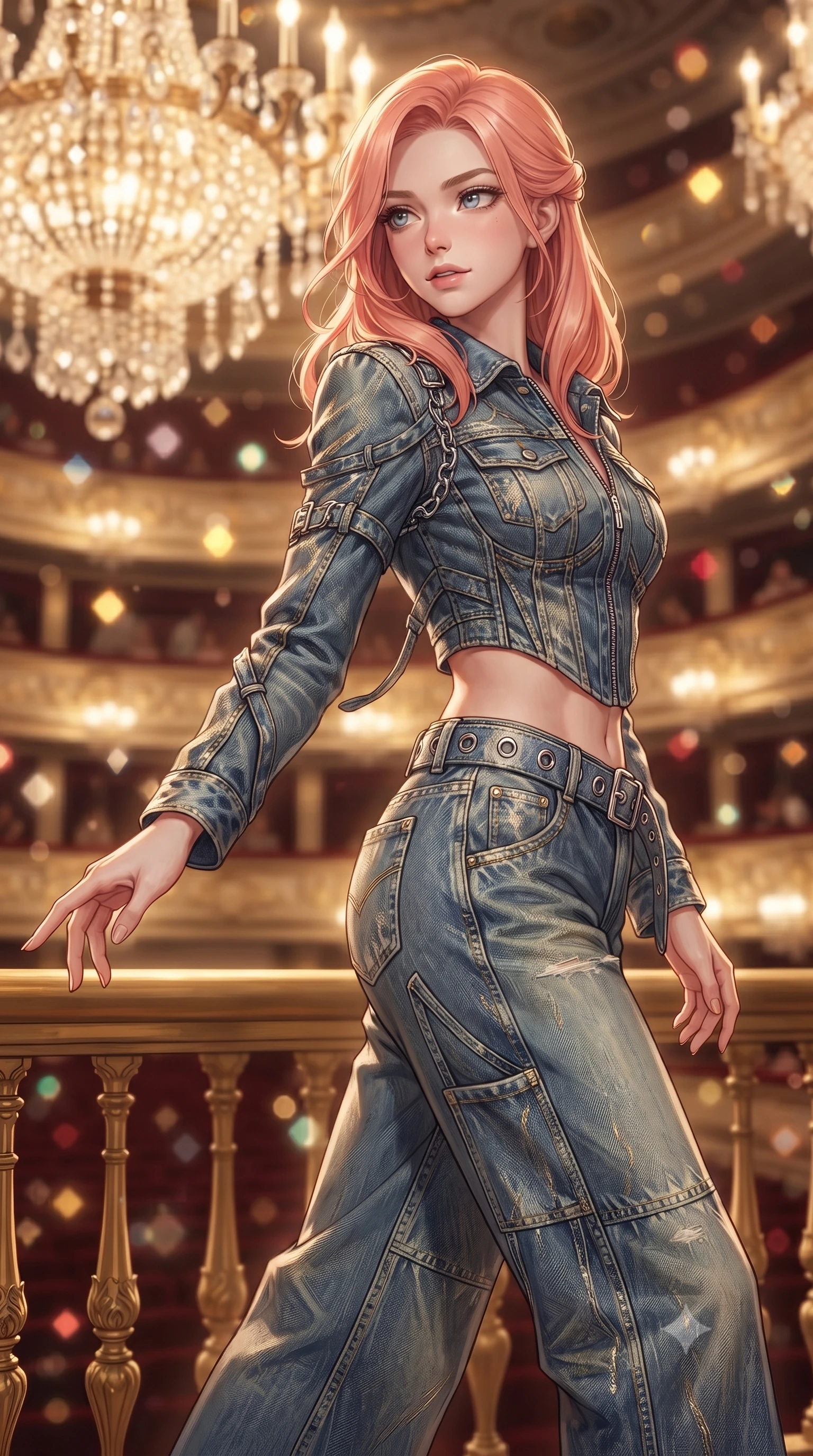score_9, masterpiece, best quality, ultra-detailed, high-budget anime keyframe, editorial fashion photography, tasteful artistic composition, Japanese woman. close-up cowboy shot from the waist and thighs up, the character dominates the composition, filling the frame with her large presence. extending one slender arm gracefully toward the foreground while casting an affectionate, mesmerizing glance while stepping along the private opera loge walkway with sweeping couture elegance and magnetic charisma. The composition keeps background elements in soft focus with creamy bokeh. cascading crystal chandeliers and multi-tiered gilded theater balconies blurred into radiant diamond, ruby, and gold bokeh. She has an exceptionally elegant, slender, and willowy female figure with an ultra-slim waist, a gracefully sculpted slender torso, toned flat midriff, and a refined slim silhouette. sharp v-shaped jawline, high-bridge nose, intricate jewel-like eyes with depth, thick eyelashes, glossy lips with a natural sheen, captivating and magnetic expression, flawlessly proportioned anatomical accuracy, strict slender model proportions, natural body alignment, perfectly sculpted long slender limbs, ultra-slim waistline, clean dynamic posture without body distortion. wearing a deconstructed denim corseted crop jacket paired with high-waisted wide-leg utility jeans and a silver grommet belt in acid-wash light denim and dark chrome, tailored from distressed structured cotton denim with metallic thread, accented with hanging industrial clip straps and chrome chain links edition #29, the form-contouring material adhering flawlessly to her sculpted flat midriff and slender torso, emphasizing her long leg lines and perfectly proportioned willowy build. bathed in opulent golden chandelier illumination and rich ambient amber warmth. ultra-reflective glossy finish, specular highlights, rich textural contrasts, high-contrast stereoscopic depth, volumetric dynamic lighting, 2k, ultra detail, master piece, 9:16 ratio
