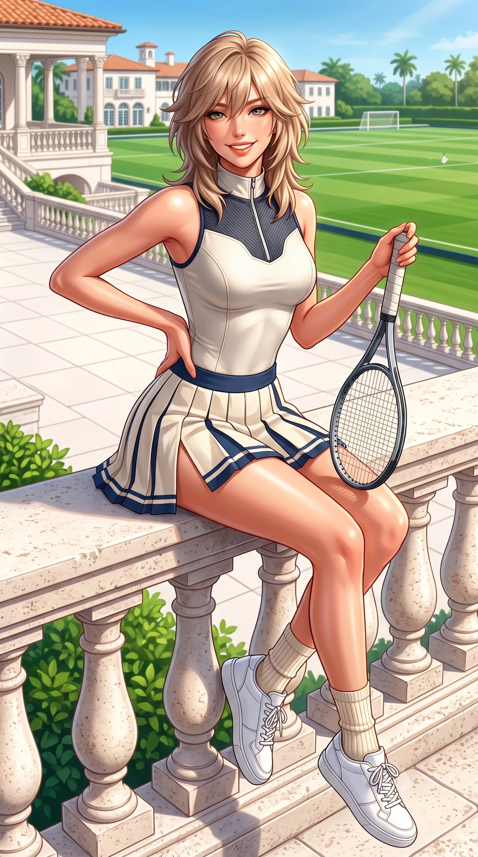 score_9, masterpiece, best quality, ultra-detailed, high-budget anime keyframe, semi-realistic 3D game render, editorial fashion photography, tasteful artistic composition, Japanese woman. close-up cowboy shot from the waist and thighs up, the character dominates the composition, filling the frame with her large presence. twisting her slender torso in an alluring contrapposto stance, one hand resting on her sculpted hip while holding a tennis racket with effortless poise while sitting perched on the coral stone balustrade of the polo pavilion, arching her back with a radiant sun-kissed smile overlooking green polo fields. The surrounding environment is rendered in vivid detail and crisp panoramic clarity: detailed resort polo knit texture, glowing sun-tanned skin highlights, and Palm Beach estate architecture in high resolution. She has an exceptionally elegant, slender, and willowy female figure with an ultra-slim waist, flat toned midriff, narrow ribcage, and sculpted feminine hips creating an alluring, slim hourglass silhouette without bulk. sharp v-shaped jawline, high-bridge nose, sparkling eyes with athletic focus and depth, thick curled eyelashes, glossy parted lips with a natural coral-peach sheen, bright confident and coquettish smile with alluring bedroom-eyes, exuding both youthful sporty vigor and sovereign high-society glamour, flawlessly proportioned anatomical accuracy, strict slender model proportions, natural body alignment, perfectly sculpted long slender limbs, ultra-slim waistline, clean dynamic posture without body distortion. wearing a sleeveless high-collar racing bodysuit with carbon-fiber chestplate accents and a pleated wrap tennis skirt with side hip slit in retro tennis cream and navy blue stripes, made of second-skin technical compression piqué knit with moisture-wicking stretch, complemented by ribbed knit crew socks and clean white designer court sneakers, the glove-like aerodynamic silhouette tightly following the natural contour of her hips and long slender legs with youthful 8.5-heads elegance. bathed in luminous Florida sunshine reflecting off white coral stone terraces. highly saturated vibrant anime colors, detailed shading with soft gradients, rich glossy textures, high-contrast stereoscopic depth, volumetric dynamic lighting, master piece, 9:16 ratio
