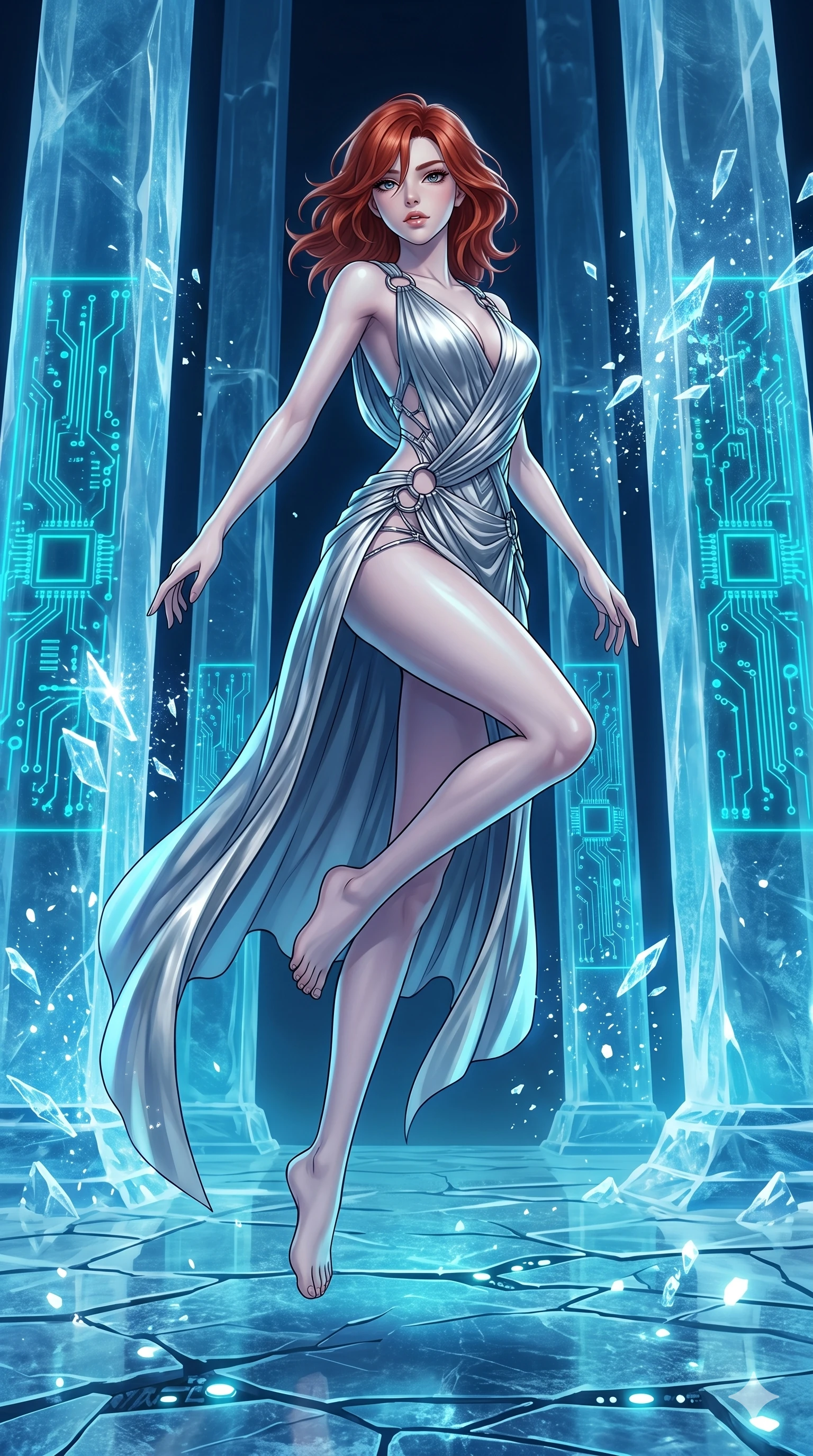 score_9, masterpiece, best quality, ultra-detailed, high-budget anime keyframe, Caucasian woman, strictly human ears. low angle full-body shot filling the entire 9:16 frame with her statuesque presence, stretching the vertical silhouette. leaping inside a sub-zero cybernetic ice temple, where glowing neon cyan computer circuit boards are frozen within transparent ice pillars, fracturing ice crystals into sparkles around her. She has an absolutely perfect 8-heads proportion, an exceptionally tall and slender female figure with impossibly long slender legs and an ultra-slim waist. V-shaped jawline, high-bridge nose, intricate jewel-like eyes with depth, thick eyelashes, glossy lips with a natural sheen.. wearing a draped Grecian cyber-gown, featuring draped silver metallic chiffon held by metal ring hardware, displaying a high-leg line. accented by dynamic color-blocked lighting with high-contrast shadows emphasizing her statuesque height. 2k, ultra detail, master piece, 9:16 ratio