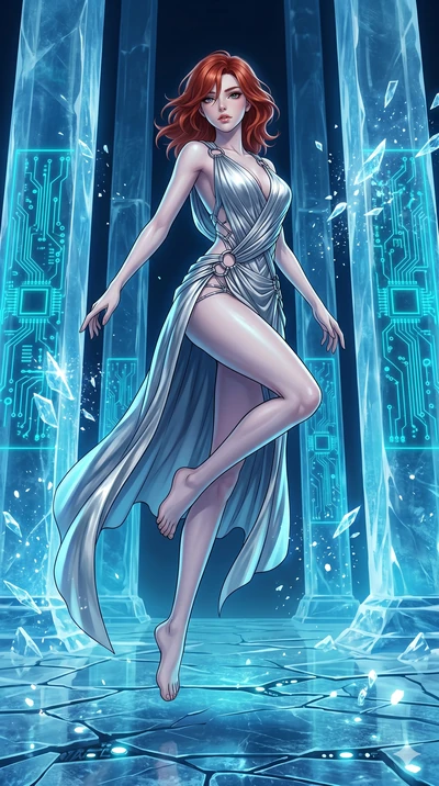 score_9, masterpiece, best quality, ultra-detailed, high-budget anime keyframe, Caucasian woman, strictly human ears. low angle full-body shot filling the entire 9:16 frame with her statuesque presence, stretching the vertical silhouette. leaping ins