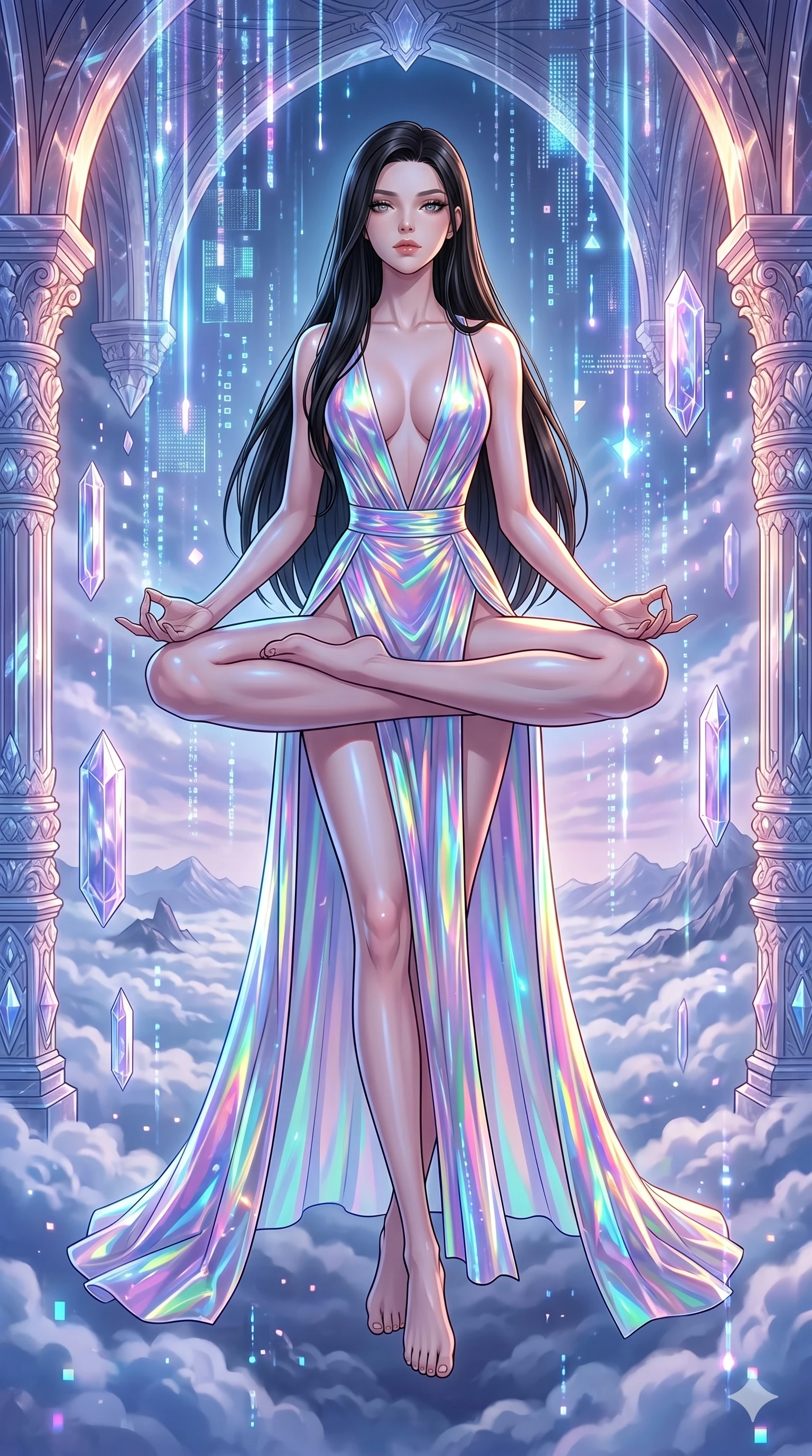 score_9, masterpiece, best quality, ultra-detailed, high-budget anime movie keyframe, cinematic anime lighting, intricate line art, Caucasian (strictly human ears) woman. Low angle cowboy shot filling the entire 9:16 frame with her statuesque presence. meditating peacefully in a crystal palace above the clouds with holographic rain. She has an absolutely perfect 8-heads proportion, an exceptionally tall and slender female figure with an ultra-slim waist and impossibly long slender legs. sharp v-shaped jawline, high-bridge nose, intricate jewel-like eyes, thick eyelashes, glossy lips. Wearing avant-garde high-fashion gown made of iridescent vinyl with a dangerously high side slit and a plunging neckline, revealing an ultra-slim waist and long slender legs. The scene is illuminated by dramatic atmospheric lighting and vibrant color palettes. , 2k, ultra detail, master piece, 9:16 ratio
