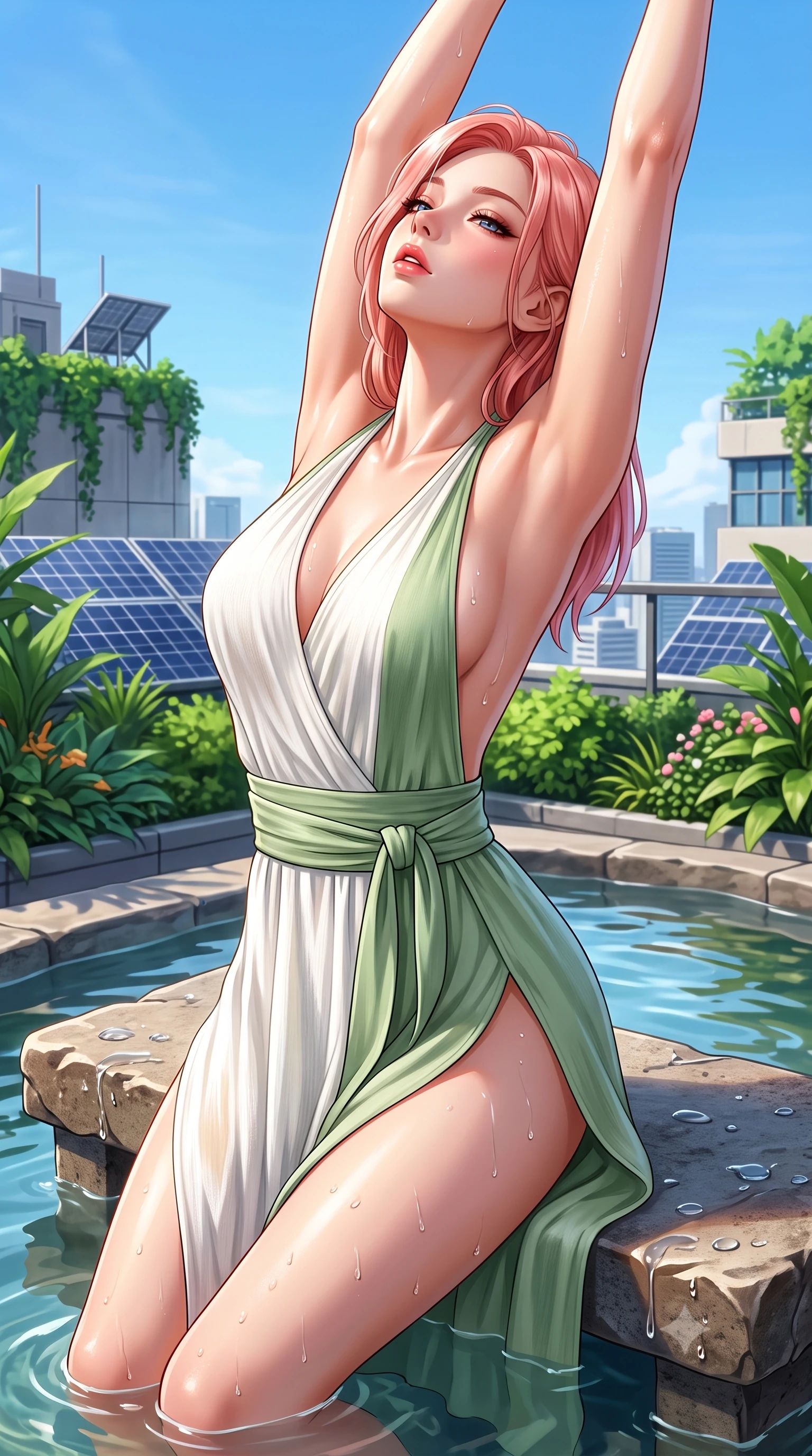 score_9, masterpiece, best quality, ultra-detailed, high-budget anime keyframe, semi-realistic 3D game render, editorial fashion photography, tasteful artistic composition, Japanese woman. close-up cowboy shot from the waist and thighs up, the character dominates the composition, filling the frame with her large presence. arching her back languidly with arms stretching overhead, highlighting her narrow waist and feminine silhouette in pure supermodel elegance while resting on a submerged stone bench as warm water caresses her waist, head tilted back toward the open azure sky. The surrounding environment is rendered in vivid detail and crisp panoramic clarity. detailed sky-high metropolis greenery, architectural solar panels, and water droplets in high clarity. She has an exceptionally elegant, slender, and willowy female figure with an ultra-slim waist, a gracefully sculpted slender torso, toned flat midriff, and a refined slim silhouette. sharp v-shaped jawline, high-bridge nose, intricate jewel-like eyes with depth, thick eyelashes, glossy parted lips with a natural sheen, intensely captivating and seductive expression, flawlessly proportioned anatomical accuracy, strict slender model proportions, natural body alignment, perfectly sculpted long slender limbs, ultra-slim waistline, clean dynamic posture without body distortion. wearing a sun-drenched halter wrap dress with a daring open back and breezy high side slit in pure alabaster white and fresh sage green, crafted from breathable crinkled linen and lightweight modal knit, accented with a wide sash belt cinching her impossibly narrow waist, the relaxed yet flattering fit accentuating her naturally graceful and slender figure, highlighting her tall statuesque proportions. illuminated by wet specular highlights accentuating her collarbones, waistline, and slender curves. highly saturated vibrant anime colors, detailed shading with soft gradients, rich glossy textures, high-contrast stereoscopic depth, volumetric dynamic lighting, master piece, 9:16 ratio