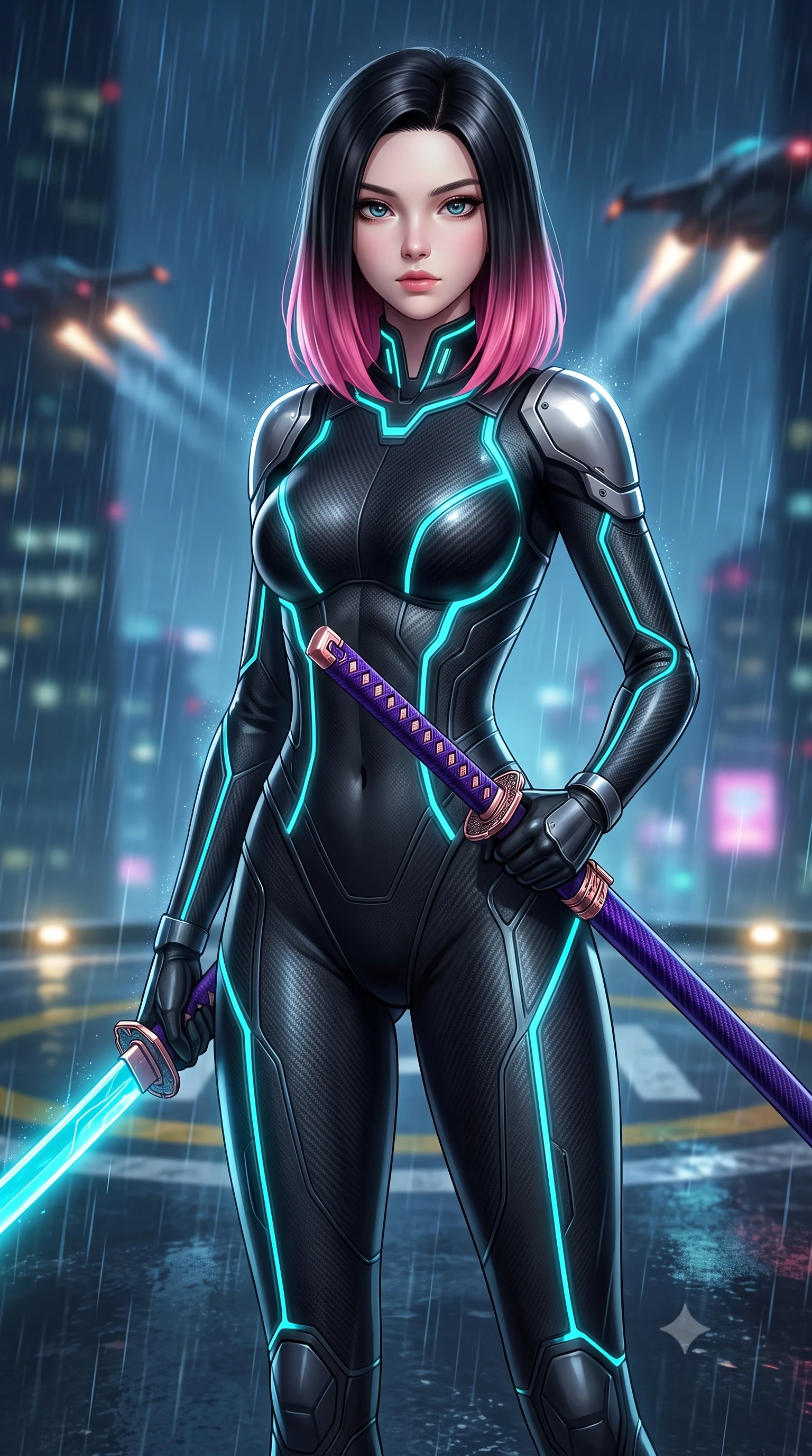 score_9, masterpiece, best quality, ultra-detailed, high-budget anime keyframe, semi-realistic 3D game render, editorial fashion photography, tasteful artistic composition, Korean woman. close-up cowboy shot from the waist and thighs up, the character dominates the composition, filling the frame with her large presence. gazing forward with divine sovereign poise, captivating jewel-like eyes shining with transcendent focus while holding her weapon with effortless mastery while standing with supreme combat grace on a wet skyscraper helipad amidst heavy neon rain while drawing a glowing cyan plasma katana. The composition keeps background elements in soft focus with creamy bokeh. helipad landing lights and flying vehicle exhaust trails softened in moody shallow focus. She has an exceptionally elegant, slender, and willowy female figure with an ultra-slim waist, a gracefully sculpted slender torso, toned flat midriff, and a refined slim silhouette. sharp v-shaped jawline, high-bridge nose, intricate jewel-like eyes with depth, thick eyelashes, glossy lips with a natural sheen, flawlessly proportioned anatomical accuracy, strict slender model proportions, natural body alignment, perfectly sculpted long slender limbs, ultra-slim waistline, clean dynamic posture without body distortion. wearing an aerodynamic matte-black carbon-fiber bodysuit with glowing neon cyan conduit lines, reinforced by polished titanium pauldrons, wielding a sleek holographic plasma katana with a brilliant energy blade in royal purple carbon fiber with rose-gold hardware and clasps, crafted from semi-translucent cybernetic carbon-vinyl interwoven with glowing micro-filaments, featuring a sleek aerodynamic collar framed by subtle glowing cybernetic status LEDs, the form-contouring material adhering flawlessly to her sculpted flat midriff and slender torso, emphasizing her long leg lines and perfectly proportioned willowy build. illuminated by crisp white key lighting with sharp specular highlights tracing her sculpted carbon armor curves. rich saturated anime colors with glowing neon highlights, detailed shading with soft gradients, rich glossy textures, high-contrast stereoscopic depth, volumetric dynamic lighting, master piece, 9:16 ratio