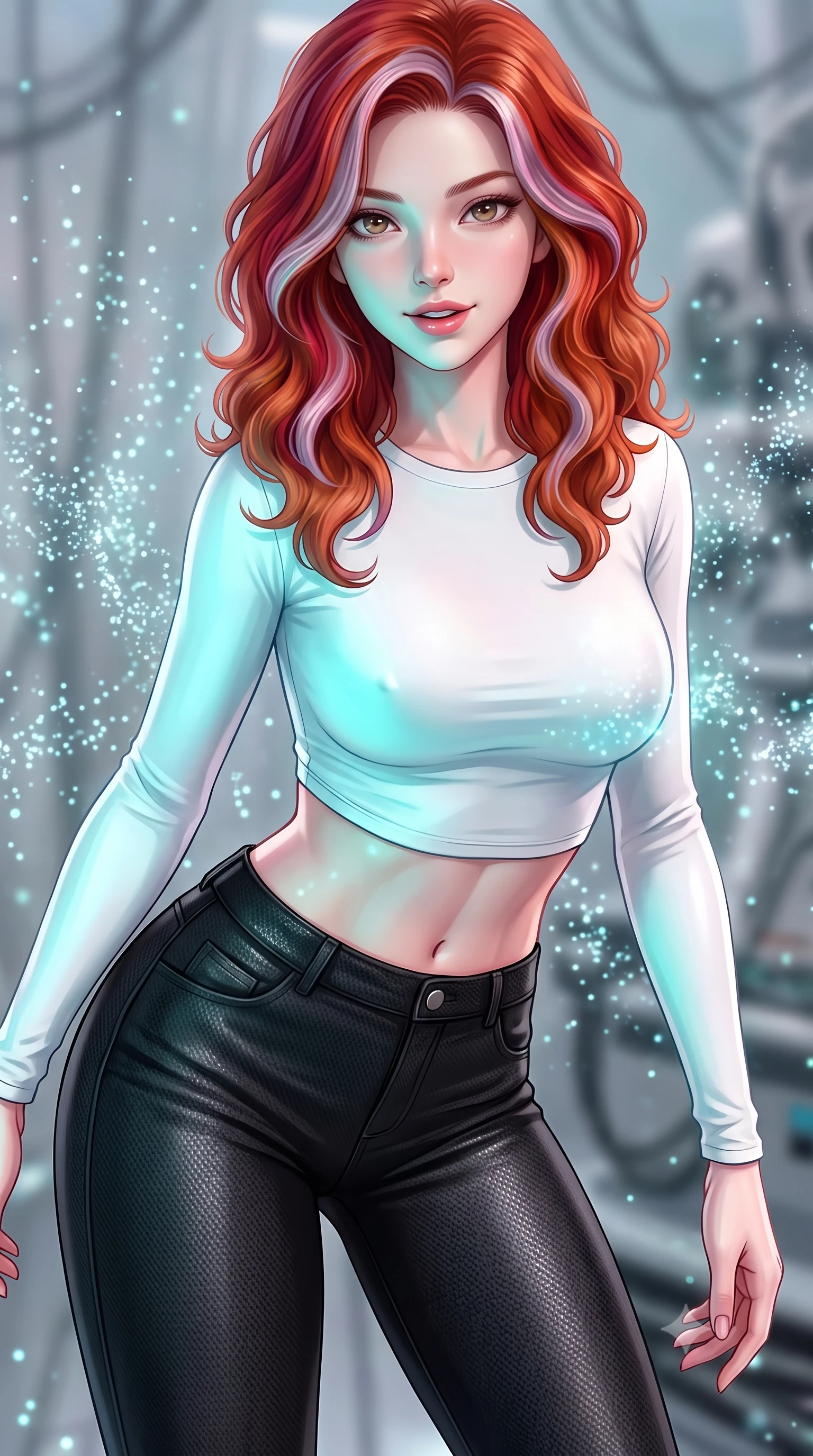 score_9, masterpiece, best quality, ultra-detailed, high-budget anime keyframe, editorial fashion photography, tasteful artistic composition, Caucasian woman. close-up cowboy shot from the waist and thighs up, the character dominates the composition, filling the frame with her large presence, background elements kept in soft focus. leaning slightly forward with a playful, teasing smile, her gaze locked onto the viewer with lips parted in a composed pose, the background shows a soft-focus a nanotech fabric studio filled with floating, shimmering micro-silk particles. She has an exceptionally elegant, slender, and willowy female figure with an ultra-slim waist, a gracefully sculpted slender torso, and a refined silhouette. sharp v-shaped jawline, high-bridge nose, intricate jewel-like eyes with depth, thick eyelashes, glossy lips with a natural sheen. wearing a slim-fit body-hugging long-sleeve tactical crop top in pure white, paired with high-waisted black carbon-weave skinny pants. shimmering nanite clouds casting a soft cyan glow on her refined features. highly saturated vibrant anime colors, detailed shading with soft gradients, rich glossy textures, high-contrast stereoscopic depth, volumetric dynamic lighting, master piece, 9:16 ratio