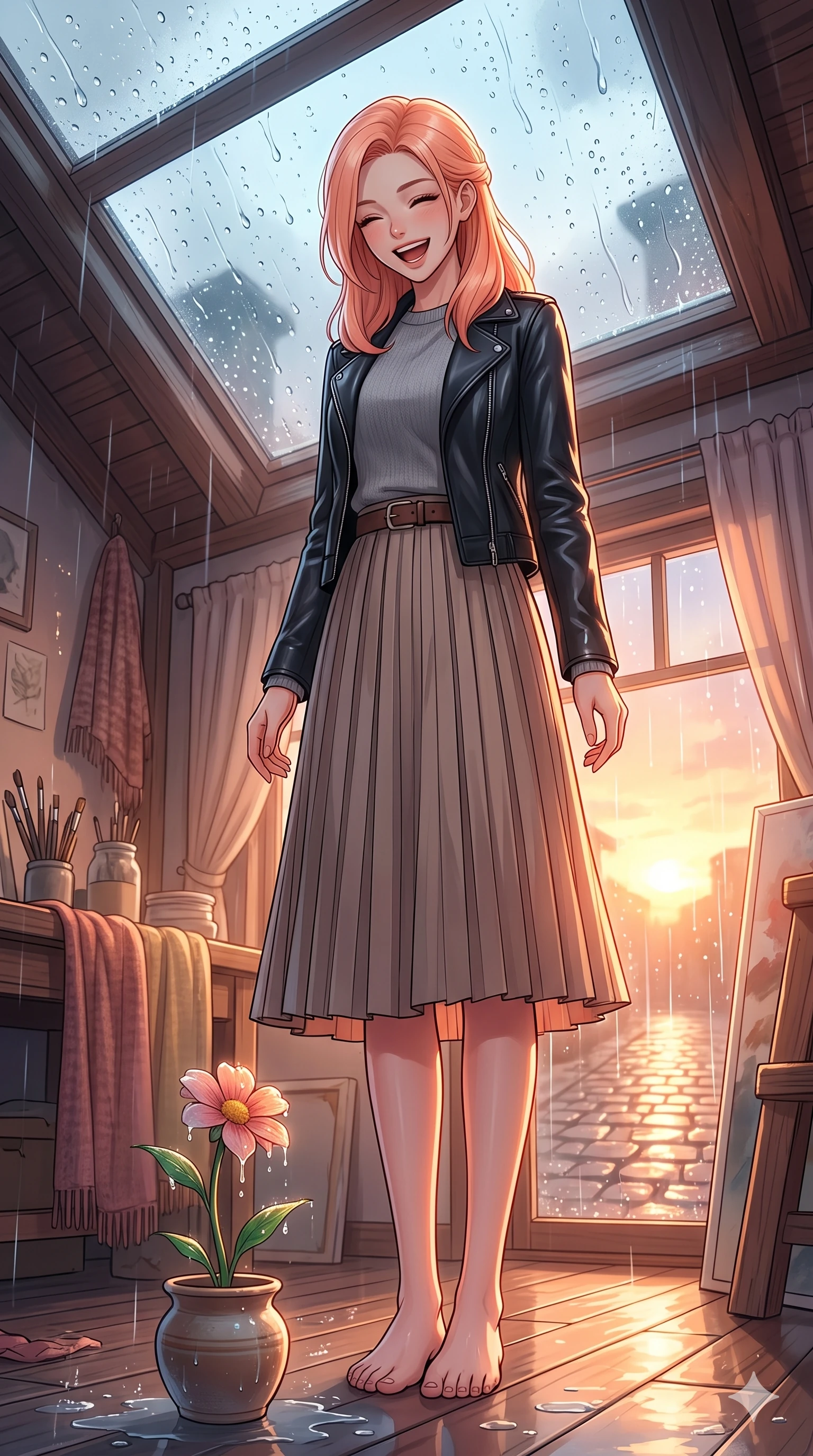 score_9, masterpiece, best quality, ultra-detailed, high-budget anime keyframe, vibrant anime aesthetic, Japanese woman. low angle full-body shot from head to toe showing her feet, filling the entire 9:16 vertical frame with her statuesque presence, stretching her vertical silhouette. She is laughing happily while looking down at a blooming rain-drenched flower, her eyes glowing with lively energy with a gentle tilt of her head. inside a cozy attic studio with a large skylight pane covered in sliding rain droplets, bathed in soft warm light (Code-P22-014). She has an absolutely perfect 8-heads proportion, an exceptionally tall and slender female figure with impossibly long slender legs and an ultra-slim waist. V-shaped jawline, high-bridge nose, intricate jewel-like eyes with depth, thick eyelashes, glossy lips with a natural sheen. wearing a sleek black leather jacket over a grey crewneck sweater and a pleated midi skirt with an elegant leather belt. She is bathed in glowing sunset light reflecting off wet cobblestones, creating a warm, inviting, and atmospheric glow in the rainy afternoon. 2k, ultra detail, master piece, 9:16 ratio