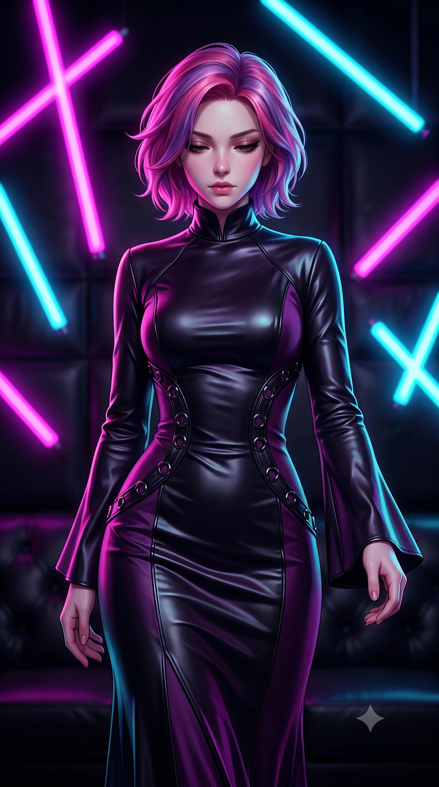 score_9, masterpiece, best quality, ultra-detailed, high-budget anime keyframe, editorial fashion photography, tasteful artistic composition, Caucasian woman. close-up cowboy shot from the waist and thighs up, the character dominates the composition, filling the frame with her large presence, background elements kept in soft focus. Looking down with lowered lashes and a composed, powerful dark aura, navigating a dark leather-walled VIP room filled with floating neon light tubes, vibrant magenta and cyan neon rays casting geometric highlights on glossy vinyl. She has an exceptionally elegant, slender, and willowy female figure with an ultra-slim waist, a gracefully sculpted slender torso, and a refined silhouette. sharp v-shaped jawline, high-bridge nose, intricate jewel-like eyes with depth, thick eyelashes, glossy lips with a natural sheen. wearing gothic high-collar dark plum silk evening gown with bell sleeves in dark plum violet, made of polished black leather, trimmed with dark chrome ring hardware along the waist contours, following her slender form with tailored precision. illuminated by vibrant magenta and cyan neon rim light against pitch-black leather. highly saturated vibrant anime colors, detailed shading with soft gradients, rich glossy textures, high-contrast stereoscopic depth, volumetric dynamic lighting, master piece, 9:16 ratio
