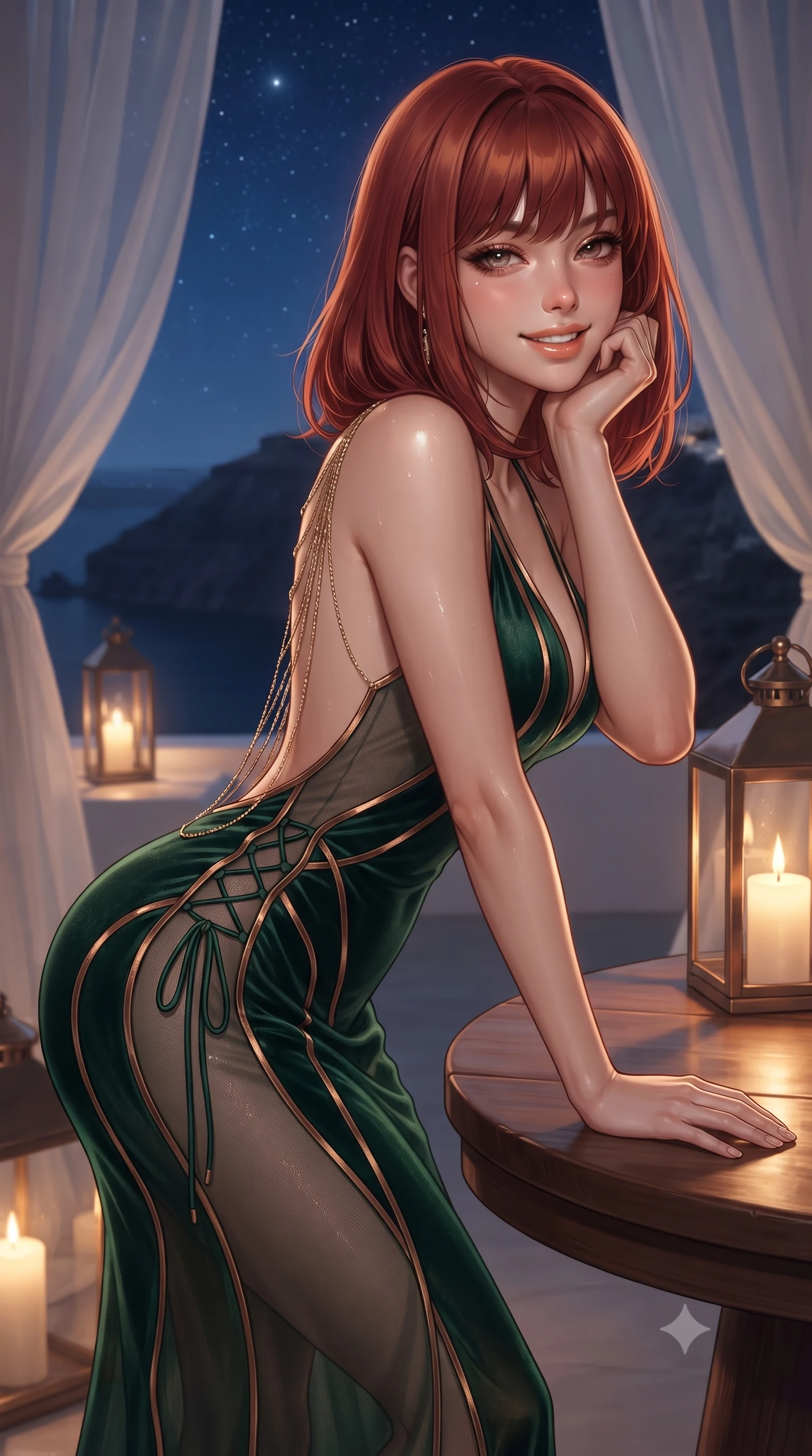 score_9, masterpiece, best quality, ultra-detailed, high-budget anime keyframe, editorial fashion photography, tasteful artistic composition, Caucasian woman. close-up cowboy shot from the waist and thighs up, the character dominates the composition, filling the frame with her large presence. resting one elbow on the table and supporting her chin, leaning close to the camera with heavy-lidded sparkling eyes and parted lips while standing poised at the edge of the highest cliff veranda on the caldera rim, arching her lower back as nocturnal island breezes billow sheer gauze curtains around her silhouette. The surrounding environment is rendered in vivid detail and crisp panoramic clarity: detailed provocative sheer illusion mesh resort gown, liquid bronze ribbons contouring her dewy curves, and island masonry in high resolution. She has an exceptionally elegant, slender, and willowy female figure with an ultra-slim waist, flat toned midriff, narrow ribcage, and sculpted feminine hips creating an alluring, slim hourglass silhouette without bulk. sharp v-shaped jawline, high-bridge nose, intricate jewel-like sparkling eyes with depth, thick eyelashes, glossy parted lips with a natural peach sheen, bright cheerful beaming smile with an enchanting and coquettish sensual glint, exuding both youthful cute charm and seductive allure, flawlessly proportioned anatomical accuracy, strict slender model proportions, natural body alignment, perfectly sculpted long slender limbs, ultra-slim waistline, clean dynamic posture without body distortion. wearing a form-contouring sheer gossamer slip dress with side lace-up ties revealing glimpses of her hip curve in deep emerald velvet and shimmering bronze, tailored from ultra-plush silk velvet with rich tactile depth and deep shadow gradients, accented with an open-back drape framed by falling strands of delicate gold chains, the form-contouring silhouette accentuating her sculpted flat midriff, narrow delicate ribcage, and gracefully curvy hips with intoxicating allure. bathed in the flickering warm 2200K glow of oversized hurricane candle lanterns mixed with brilliant Mediterranean starlight. ultra-reflective glossy finish, specular highlights, rich textural contrasts, high-contrast stereoscopic depth, volumetric dynamic lighting, 2k, ultra detail, master piece, 9:16 ratio
