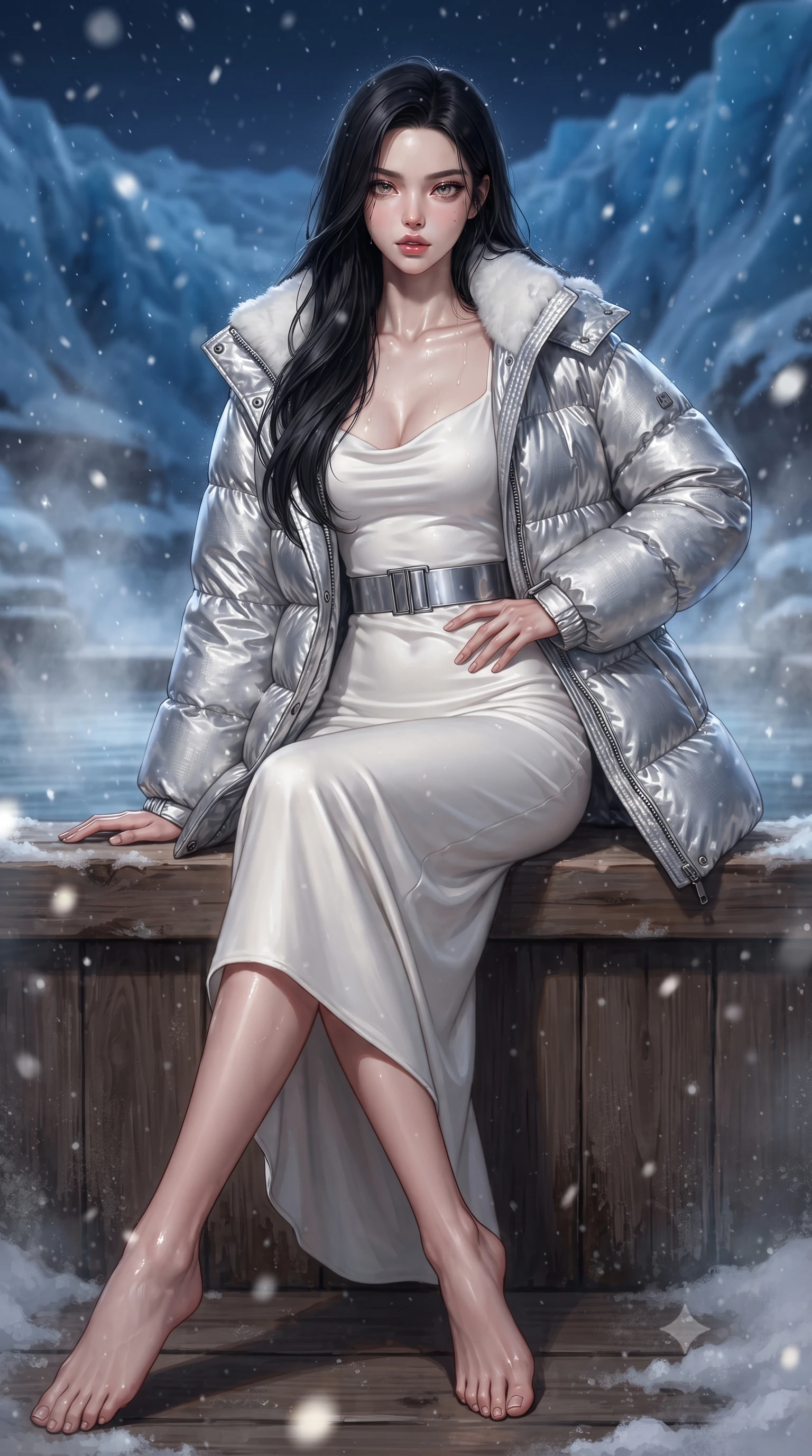 score_9, masterpiece, best quality, ultra-detailed, high-budget anime keyframe, editorial fashion photography, tasteful artistic composition, Korean woman. low angle full-body shot from head to toe showing her feet, filling the entire 9:16 vertical frame with her statuesque presence, stretching her vertical silhouette. sitting poised on the elevated edge with legs crossed and extended, her tall 8.5-heads proportions dominating the scene with effortless poise while sitting on the cedar edge of a steaming outdoor onsen overlooking blue midnight glaciers, one hand resting on her bare hip. The composition keeps background elements in soft focus with creamy bokeh. thermal water droplet ripples and drifting snow particles scattering soft luminous light motes. She has an absolutely perfect, statuesque 8.5-heads proportion, an exceptionally tall and slender model-like female figure with impossibly long slender legs, a toned flat midriff, and an ultra-slim waist. sharp v-shaped jawline, high-bridge nose, intricate jewel-like eyes with depth, thick eyelashes, glossy parted lips with a natural sheen, intensely captivating and seductive expression, flawlessly proportioned anatomical accuracy, strict slender model proportions, natural body alignment, perfectly sculpted long slender limbs, ultra-slim waistline, clean dynamic posture without body distortion. wearing a luxurious snow-white cashmere slip gown layered under an unbuttoned oversized down jacket in metallic titanium and arctic fox white, crafted from metallic silver ripstop nylon with plush goose-down quilting, accented with a wide metallic ski belt cinching her ultra-slim waistline, the form-contouring material adhering flawlessly to her sculpted flat midriff and slender torso, emphasizing her long leg lines and perfectly proportioned willowy build. illuminated by wet specular highlights accentuating her slender neckline, sculpted waist, and curves. ultra-reflective glossy finish, specular highlights, rich textural contrasts, high-contrast stereoscopic depth, volumetric dynamic lighting, 2k, ultra detail, master piece, 9:16 ratio