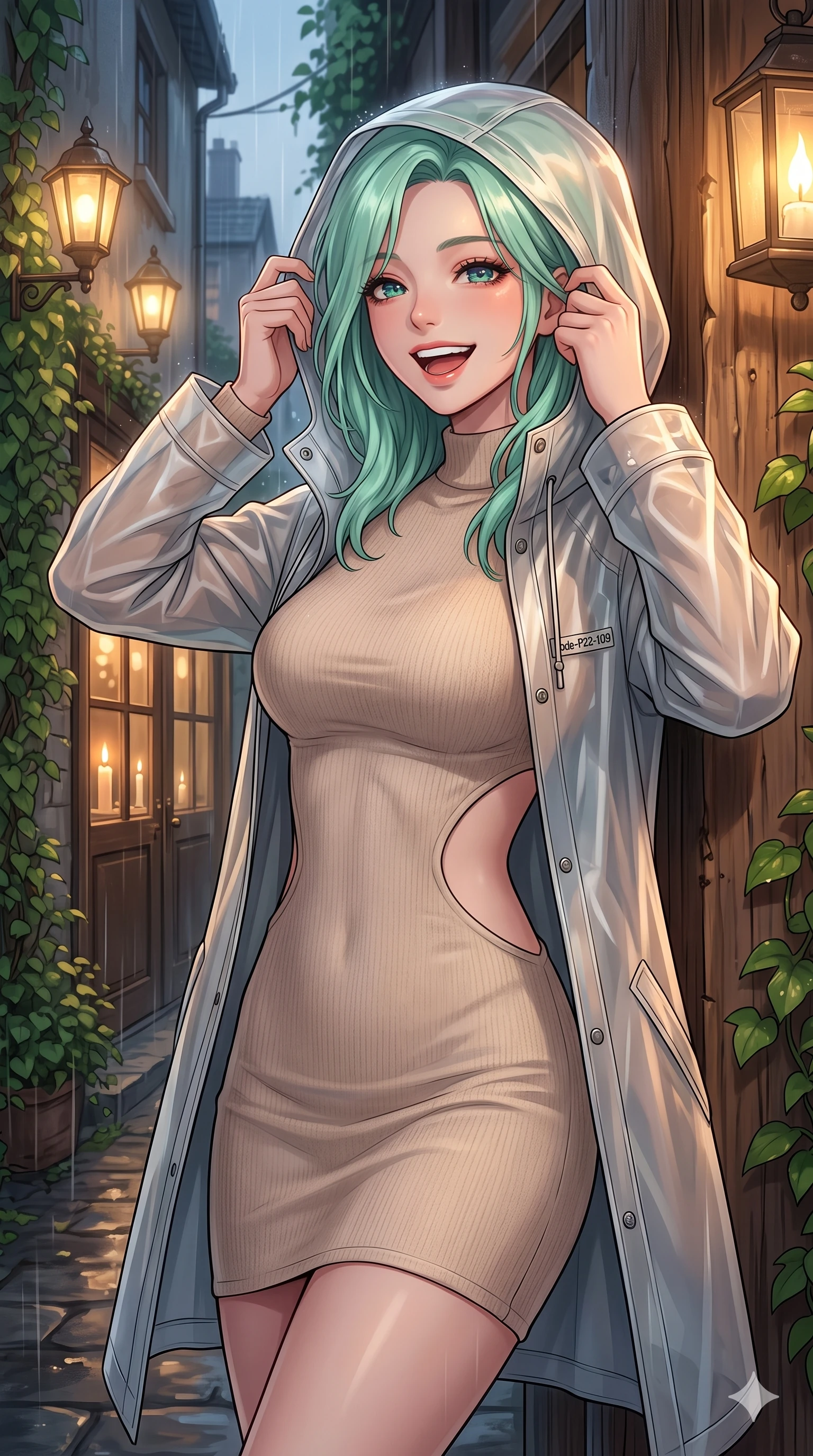 score_9, masterpiece, best quality, ultra-detailed, high-budget anime keyframe, vibrant anime aesthetic, Japanese woman. close-up cowboy shot from the waist and thighs up, the character dominates the composition, filling the frame with her large presence, background elements kept in soft focus. She is adjusting her stylish raincoat hood, laughing with a radiant face, with a warm and inviting look leaning against a rustic wooden column. the background shows a soft-focus quiet alleyway entrance lined with lush green climbing vines and glowing streetlamps in the twilight rain (Code-P22-109). She has an absolutely perfect proportion, an exceptionally elegant and slender female figure with an ultra-slim waist. V-shaped jawline, high-bridge nose, intricate jewel-like eyes with depth, thick eyelashes, glossy lips with a natural sheen. wearing a bodycon knit dress with an elegant side panel cut-out in soft beige. She is illuminated by warm candlelight and soft gaslight from a cozy greenhouse cafe, tracing the elegant lines of her shoulders during the twilight rain. 2k, ultra detail, master piece, 9:16 ratio