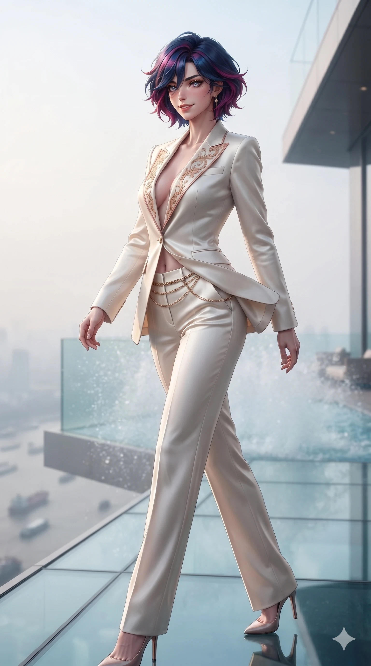 score_9, masterpiece, best quality, ultra-detailed, high-budget anime keyframe, editorial fashion photography, tasteful artistic composition, Korean woman. low angle full-body shot from head to toe showing her feet, filling the entire 9:16 vertical frame with her statuesque presence, stretching her vertical silhouette. striding across the penthouse terrace as river breezes whip her high-slit dress open, accentuating her long slender legs and curvy hips while walking slowly along the suspended glass pool deck, looking back over her shoulder with an air of effortless grace and an alluring, smoldering smile as river traffic glides thousands of feet below. The background shows a soft-focus fine pool spray haze softened in cantilevered glass pool shallow focus. She has an exceptionally tall and slender model-like 8.5-heads proportion, an ultra-slim waist, a flat toned midriff, narrow delicate ribcage, and beautifully sculpted feminine hips creating a graceful, slim hourglass silhouette without any bulky heaviness, with impossibly long slender legs. sharp v-shaped jawline, high-bridge nose, intricate jewel-like sparkling eyes with depth, thick eyelashes, glossy parted lips with a natural sheen, intensely captivating and seductive bedroom-eyes expression, exuding both youthful cute charm and sovereign luxury allure, flawlessly proportioned anatomical accuracy, strict slender model proportions, natural body alignment, perfectly sculpted long slender limbs, ultra-slim waistline, clean dynamic posture without body distortion. wearing a bespoke Venetian tailored pantsuit in liquid ivory silk with golden filigree embroidery tracing the lapels in rose-quartz blush and burnished copper, crafted from bespoke double-faced cashmere with an exceptionally soft tactile finish, accented with a delicate gold chain belt resting loosely on her curvy hips, the bespoke structured tailoring following the natural line of her 8.5-heads silhouette with refined elegance. illuminated by glass floor bounce and sharp turquoise-platinum rim lights defining her razor-sharp jawline, narrow waist, and curvy hips. ultra-reflective glossy finish, specular highlights, rich textural contrasts, high-contrast stereoscopic depth, volumetric dynamic lighting, 2k, ultra detail, master piece, 9:16 ratio