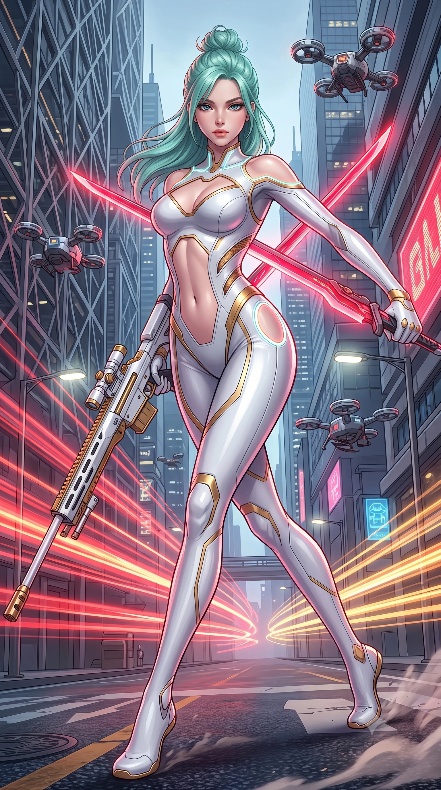 score_9, masterpiece, best quality, ultra-detailed, high-budget anime keyframe, semi-realistic 3D game render, editorial fashion photography, tasteful artistic composition, Japanese woman. low angle full-body shot from head to toe showing her feet, filling the entire 9:16 vertical frame with her statuesque presence, stretching her vertical silhouette. arching her spine in a fluid zero-gravity combat turn with sovereign grace, her long slender legs and sculpted torso creating a sweeping line of power while pivoting dynamically in mid-stride with twin glowing crimson high-frequency vibro-blades drawn in a deadly X-stance. The surrounding environment is rendered in vivid detail and crisp panoramic clarity. intricate hilt power cables, hovering traffic drones, and skyscraper facade lattices in high clarity. She has an absolutely perfect, statuesque 8.5-heads proportion, an exceptionally tall and slender model-like female figure with impossibly long slender legs, a toned flat midriff, and an ultra-slim waist. sharp v-shaped jawline, high-bridge nose, intricate jewel-like eyes with depth, thick eyelashes, glossy lips with a natural sheen, flawlessly proportioned anatomical accuracy, strict slender model proportions, natural body alignment, perfectly sculpted long slender limbs, ultra-slim waistline, clean dynamic posture without body distortion. wearing a form-contouring arctic white carbon-composite battle-suit with solar gold trim and diagonal midriff vents, aiming a precision carbon-fiber railgun sniper rifle with divine focus in arctic white carbon composite with radiant solar gold plating, made of lightweight aerodynamic carbon-titanium alloy with polished edge bevels, accented with glowing fiber-optic conduits tracing her collarbones and hip curves, the precision-cut daring openings accentuating her delicate midriff, graceful bare collarbones, and ultra-slim feminine waistline. bathed in blazing neon crimson and golden traffic trail backlighting with crisp streetlamp fill. rich saturated anime colors with glowing neon highlights, detailed shading with soft gradients, rich glossy textures, high-contrast stereoscopic depth, volumetric dynamic lighting, master piece, 9:16 ratio