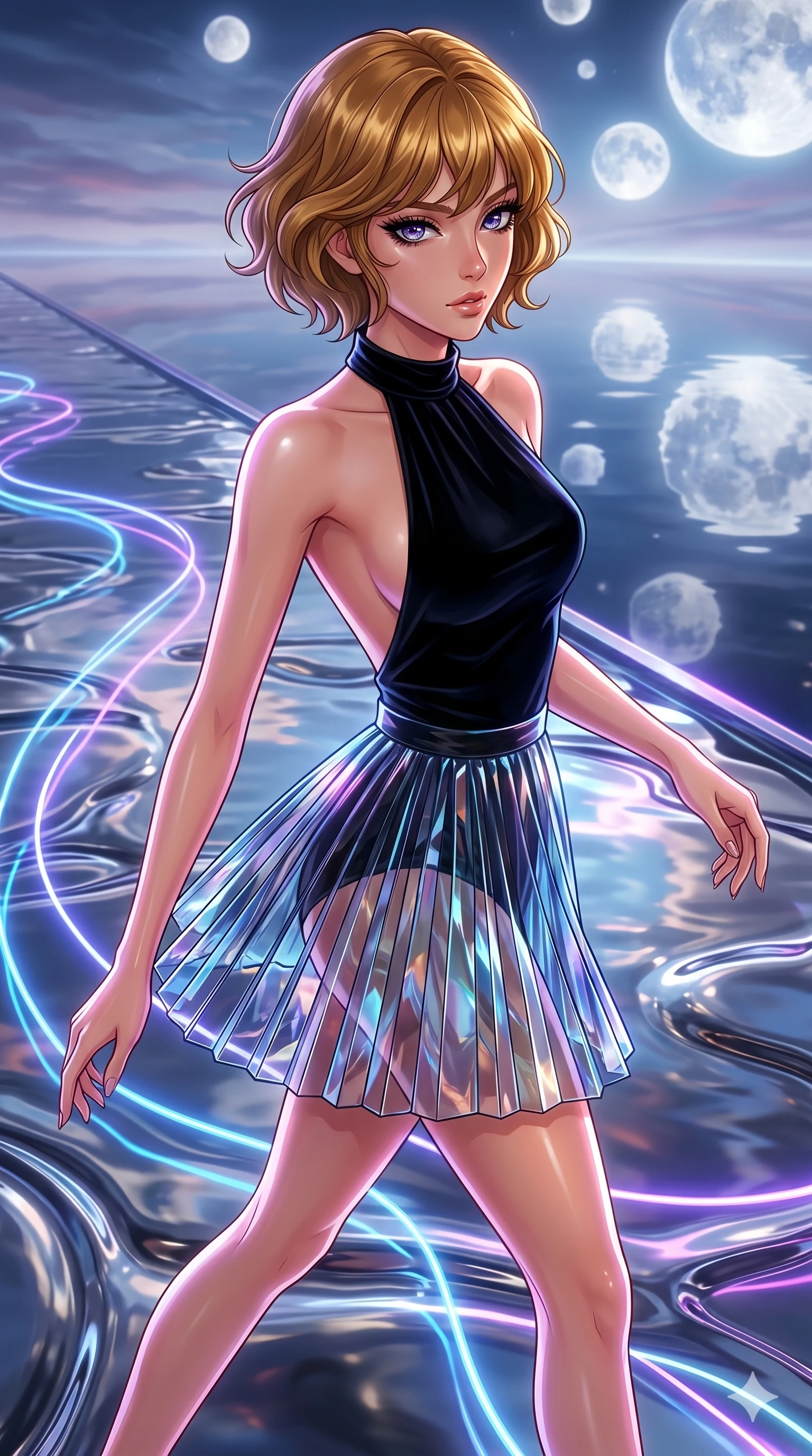score_9, masterpiece, best quality, ultra-detailed, high-budget anime keyframe, editorial fashion photography, tasteful artistic composition, Korean woman. upper body close-up from the thighs up, character filling the screen for maximum presence. stepping dynamically on on a runway of liquid mercury reflecting a sky filled with multiple moons as neon blue fluid lines follow her path like light trails. She has an absolutely perfect 8-heads proportion, an exceptionally tall and slender female figure with impossibly long slender legs and an ultra-slim waist. V-shaped jawline, high-bridge nose, intricate jewel-like eyes with depth, thick eyelashes, glossy lips with a natural sheen.. wearing a fractal glass pleated skirt and a open-back black velvet halter neck top, creating a dramatic and elegant silhouette. illuminated by the brilliant neon reflections bouncing off wet surfaces, emphasizing her skin tone. 2k, ultra detail, master piece, 9:16 ratio