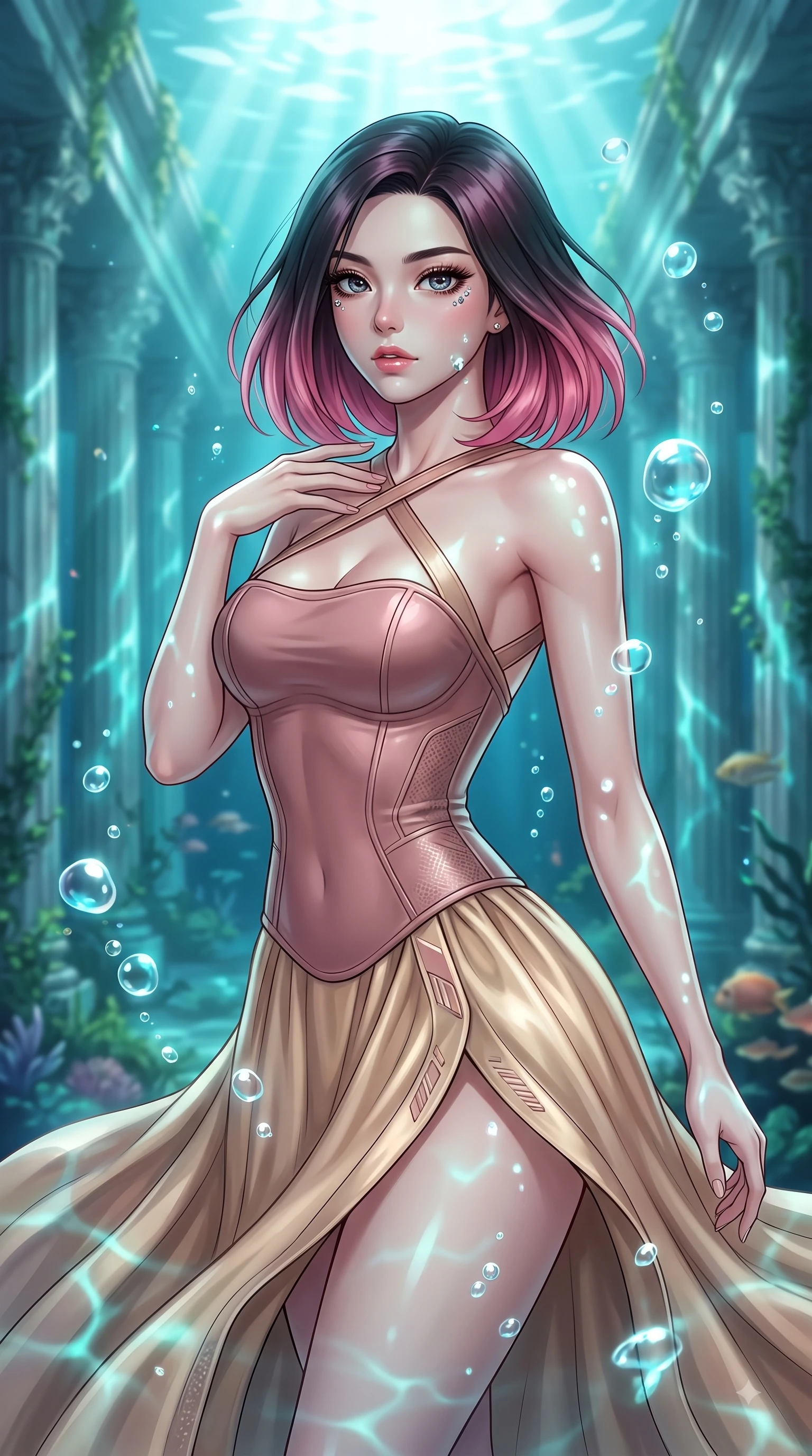 score_9, masterpiece, best quality, ultra-detailed, high-budget anime keyframe, editorial fashion photography, tasteful artistic composition, Korean woman. close-up cowboy shot from the waist and thighs up, the character dominates the composition, filling the frame with her large presence, background elements kept in soft focus. Pivoting her torso in an alluring S-curve alignment, one hand gently tracing her collarbone with poise while swimming gracefully in an alluring underwater pose through a sunken marble colonnade, rising bioluminescent bubbles casting soft pearl-like highlights on her athletic build. She has an exceptionally elegant, slender, and willowy female figure with an ultra-slim waist, a gracefully sculpted slender torso, and a refined silhouette. sharp v-shaped jawline, high-bridge nose, intricate jewel-like eyes with depth, thick eyelashes, glossy lips with a natural sheen, flawlessly proportioned anatomical accuracy, natural body alignment, perfectly sculpted elegant limbs, clean dynamic posture without body distortion. wearing a modern fusion silk hanbok dress with a structured bodice and flowing skirt in dusty rose and champagne gold, formed from sleek second-skin neoprene, complemented by criss-cross back straps highlighting her bare shoulders, the form-contouring material highlighting her ultra-slim waist and long lines. bathed in brilliant underwater sunbeams and soft turquoise caustic glow. highly saturated vibrant anime colors, detailed shading with soft gradients, rich glossy textures, high-contrast stereoscopic depth, volumetric dynamic lighting, master piece, 9:16 ratio