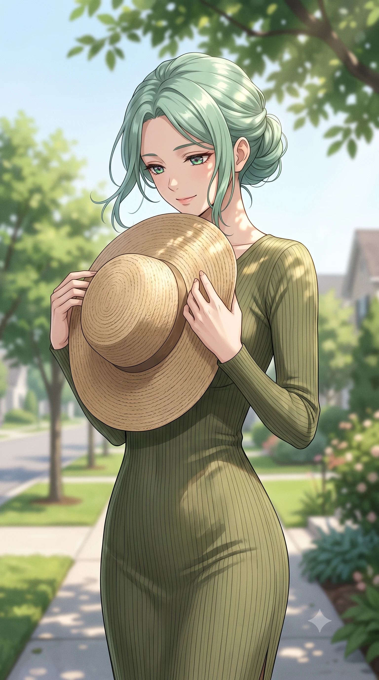 score_9, masterpiece, best quality, ultra-detailed, high-budget anime keyframe, editorial fashion photography, tasteful artistic composition, Japanese woman woman. close-up cowboy shot from the waist and thighs up, the character dominates the composition, filling the frame with her large presence, background elements kept in soft focus. holding a wide-brimmed straw hat with both hands against the breeze, looking down with a soft smile the background shows a soft-focus a quiet residential street lined with green trees and neat gardens under a clear sky. She has an exceptionally elegant, slender, and willowy female figure with an ultra-slim waist, a gracefully sculpted slender torso, and a refined silhouette. sharp v-shaped jawline, high-bridge nose, intricate jewel-like eyes with depth, thick eyelashes, glossy lips with a natural sheen. wearing a body-hugging form-contouring ribbed bodycon midi dress in olive green with long sleeves. soft dappled sunlight filtering through roadside tree leaves. 2k, ultra detail, master piece, 9:16 ratio