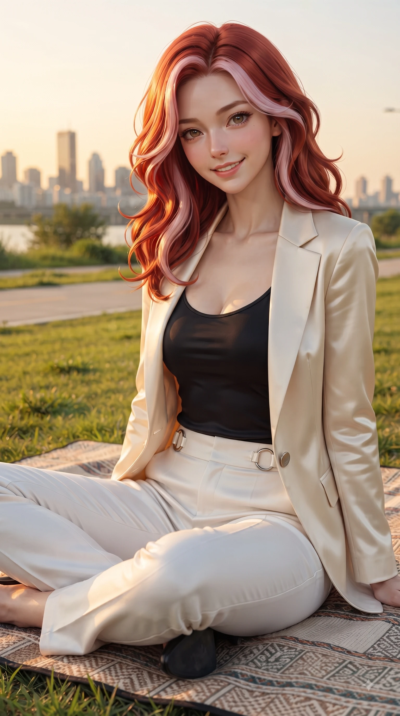 score_9, masterpiece, best quality, ultra-detailed, high-budget anime keyframe, editorial fashion photography, tasteful artistic composition, Caucasian woman. close-up cowboy shot from the waist and thighs up, the character dominates the composition, filling the frame with her large presence. Gazing directly into the camera with a fresh, infectious smile as her torso curves dynamically in mid-stride while sitting gracefully on a picnic mat on a green riverfront park lawn during golden hour. The surrounding environment is rendered in vivid detail and crisp panoramic clarity. scenic walking paths and distant city skyline silhouettes captured with environmental clarity. She has an exceptionally elegant, slender, and willowy female figure with an ultra-slim waist, a gracefully sculpted slender torso, and a refined silhouette. sharp v-shaped jawline, high-bridge nose, intricate jewel-like eyes with depth, thick eyelashes, glossy lips with a natural sheen, flawlessly proportioned anatomical accuracy, natural body alignment, perfectly sculpted elegant limbs, clean dynamic posture without body distortion. wearing a tailored cream silk blazer over a fitted scoop-neck camisole and slacks in sleek jet black and pure white contrast, crafted from smooth liquid silk satin, accented with subtle metallic ring hardware framing her waist, the form-contouring material highlighting her ultra-slim waist and long lines. surrounded by a serene, uplifting, and romantic park ambiance. ultra-reflective glossy finish, specular highlights, metallic sheen, high-contrast stereoscopic depth, volumetric dynamic lighting, 2k, ultra detail, master piece, 9:16 ratio