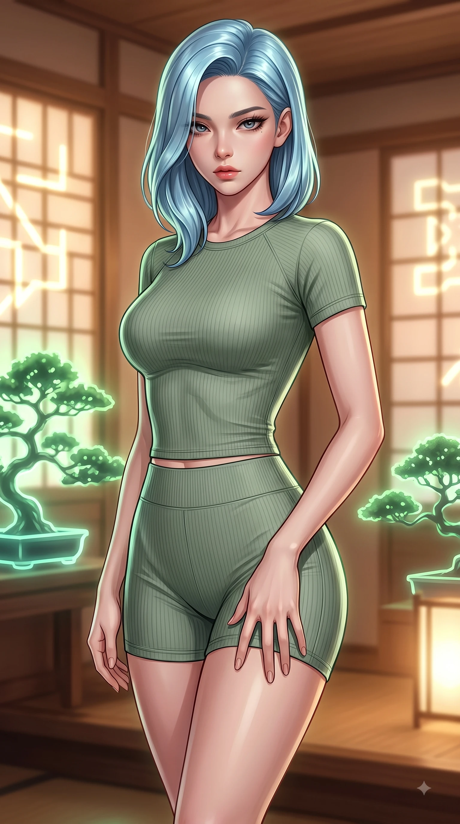 score_9, masterpiece, best quality, ultra-detailed, high-budget anime keyframe, editorial fashion photography, tasteful artistic composition, Korean woman woman. close-up cowboy shot from the waist and thighs up, the character dominates the composition, filling the frame with her large presence, background elements kept in soft focus. She has an exceptionally elegant, slender, and willowy female figure with an ultra-slim waist, a gracefully sculpted slender torso, and a refined silhouette. casting a slow, direct gaze beneath heavy lashes with magnetic intensity, flawlessly proportioned anatomical accuracy, natural body alignment, perfectly sculpted elegant limbs, clean dynamic posture without body distortion. set against a soft-focus background of a cyber-zen tea room with digital shoji screens and bonsai. wearing a tight-fitting sage green ribbed activewear set with a body-hugging silhouette. bathed in soft warm wooden ambient glow with gentle green digital plant highlights. highly saturated vibrant anime colors, detailed shading with soft gradients, rich glossy textures, high-contrast stereoscopic depth, volumetric dynamic lighting, master piece, 9:16 ratio
