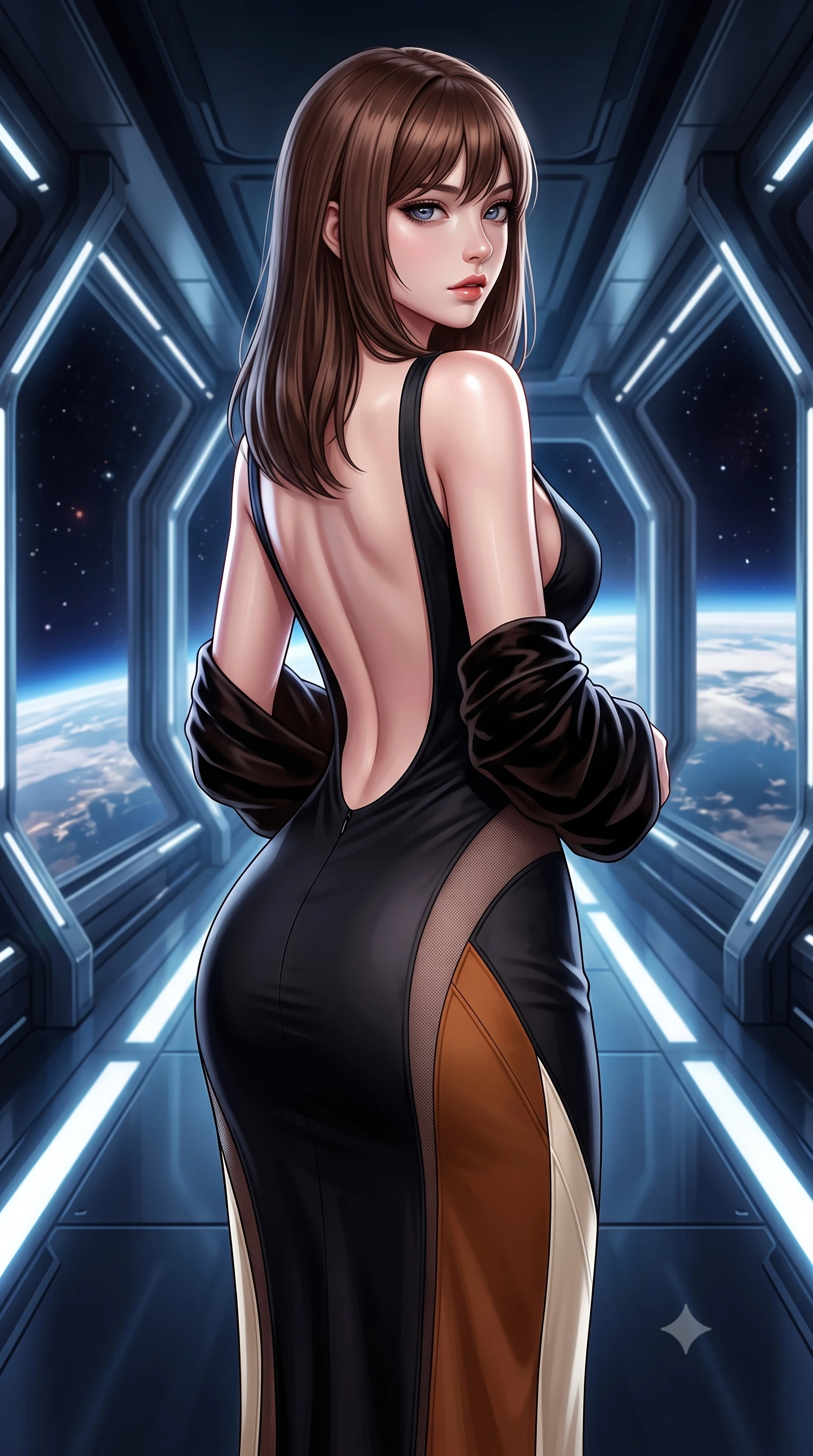 score_9, masterpiece, best quality, ultra-detailed, high-budget anime keyframe, semi-realistic 3D game render, editorial fashion photography, tasteful artistic composition, Korean woman. close-up cowboy shot from the waist and thighs up, the character dominates the composition, filling the frame with her large presence. twisting her slender torso in a deep contrapposto stance, hips dramatically shifted to accentuate her feminine curves while looking past her shoulder with smoldering bedroom-eyes while pivoting gracefully along the illuminated orbital corridor, her liquid metallic garments clinging to her sculpted flat midriff and feminine hips. The surrounding environment is rendered in vivid detail and crisp panoramic clarity. epic high-contrast orbital sci-fi chiaroscuro and transcendent space-age luxury aesthetics in precision. She has an exceptionally elegant, slender, and willowy female figure with an ultra-slim waist, flat toned midriff, narrow ribcage, and sculpted feminine hips creating an alluring, slim hourglass silhouette without bulk. sharp v-shaped jawline, high-bridge nose, intricate jewel-like eyes with depth, thick eyelashes, glossy parted lips with a natural sheen, intensely captivating and seductive bedroom-eyes expression, flawlessly proportioned anatomical accuracy, strict slender model proportions, natural body alignment, perfectly sculpted long slender limbs, ultra-slim waistline, clean dynamic posture without body distortion. wearing a second-skin black silk jersey maxi dress with asymmetrical sheer mesh side panels tracing the full curve of her hip in rich equestrian cognac brown and crisp champagne cream, tailored from water-resistant treated wool gabardine and flexible stretch silk, complemented by a plush velvet shawl draped loosely over her elbows, the dramatically scooped open back descending to the base of her spine, accentuating her razor-sharp statuesque lines and slim hourglass silhouette. illuminated by sleek metallic specular reflections sharply defining her bare collarbones, ultra-slim waist, and curvy hips. highly saturated vibrant anime colors, detailed shading with soft gradients, rich glossy textures, high-contrast stereoscopic depth, volumetric dynamic lighting, master piece, 9:16 ratio
