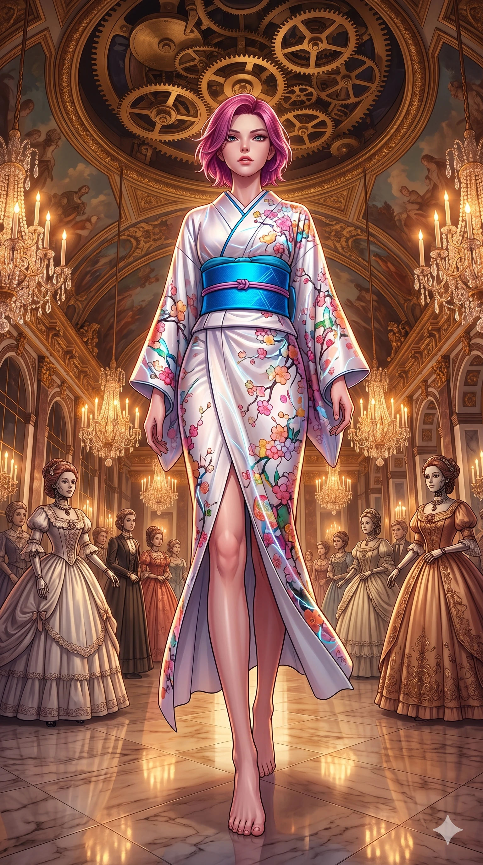 score_9, masterpiece, best quality, ultra-detailed, high-budget anime keyframe, editorial fashion photography, tasteful artistic composition, Caucasian woman, strictly human ears. low angle full-body shot from head to toe showing her feet, filling the entire 9:16 vertical frame with her statuesque presence, stretching her vertical silhouette. ascending with powerful grace through an ornate Victorian ballroom populated by elegant life-sized clockwork automatons in ball gowns with a massive gilded music box mechanism rotating slowly in the frescoed ceiling above. She has a statuesque 8.5-heads proportion, an exceptionally tall, slender and willowy model-like build with impossibly long legs and a highly sculpted ultra-slim waist. sharp v-shaped jawline, high-bridge nose, intricate jewel-like eyes with depth, thick eyelashes, glossy lips with a natural sheen. wearing a modernized cyber-kimono in white silk with a vibrant multi-colored sakura print, bound by an electric-blue structured obi belt. warm golden light from hundreds of crystal candelabras reflecting off polished marble floors and gilded ceiling moldings creating a romantic amber atmosphere. 2k, ultra detail, master piece, 9:16 ratio