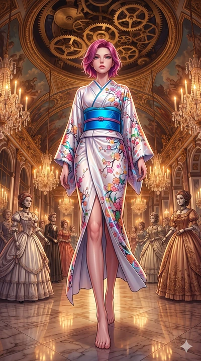 score_9, masterpiece, best quality, ultra-detailed, high-budget anime keyframe, editorial fashion photography, tasteful artistic composition, Caucasian woman, strictly human ears. low angle full-body shot from head to toe showing her feet, filling th