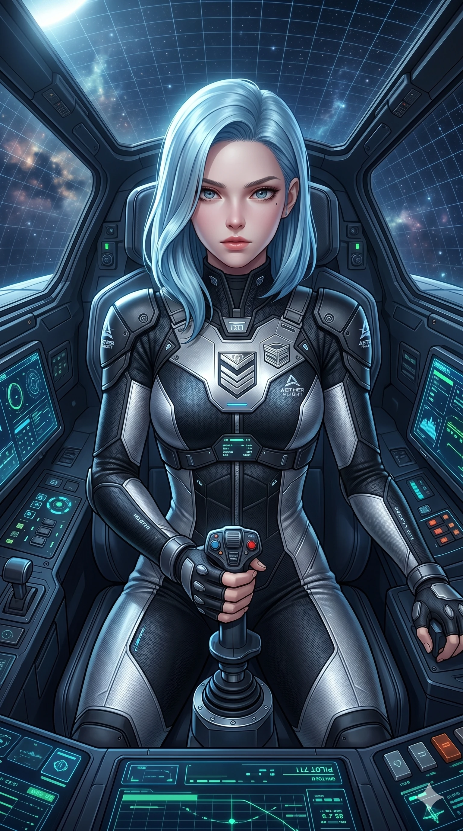 score_9, masterpiece, best quality, ultra-detailed, high-budget anime keyframe, semi-realistic 3D game render, Korean woman. Upper body close-up from the thighs up, character filling the screen for maximum presence. Inside a virtual reality spaceship cockpit, flying through a grid, holding the flight stick with a focused, confident look. She is wearing a tailored flight jumpsuit with silver badges and structured shoulder panels. The scene is lit by the blue control panels and a sharp white key light. 2k, ultra detail, master piece, 9:16 ratio