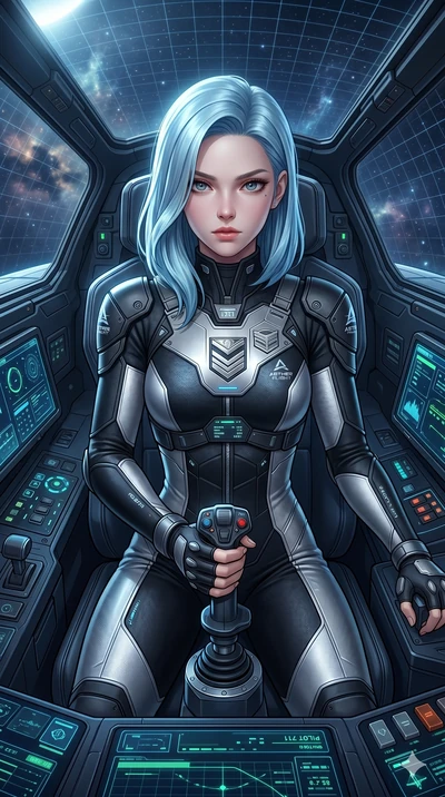 score_9, masterpiece, best quality, ultra-detailed, high-budget anime keyframe, semi-realistic 3D game render, Korean woman. Upper body close-up from the thighs up, character filling the screen for maximum presence. Inside a virtual reality spaceship