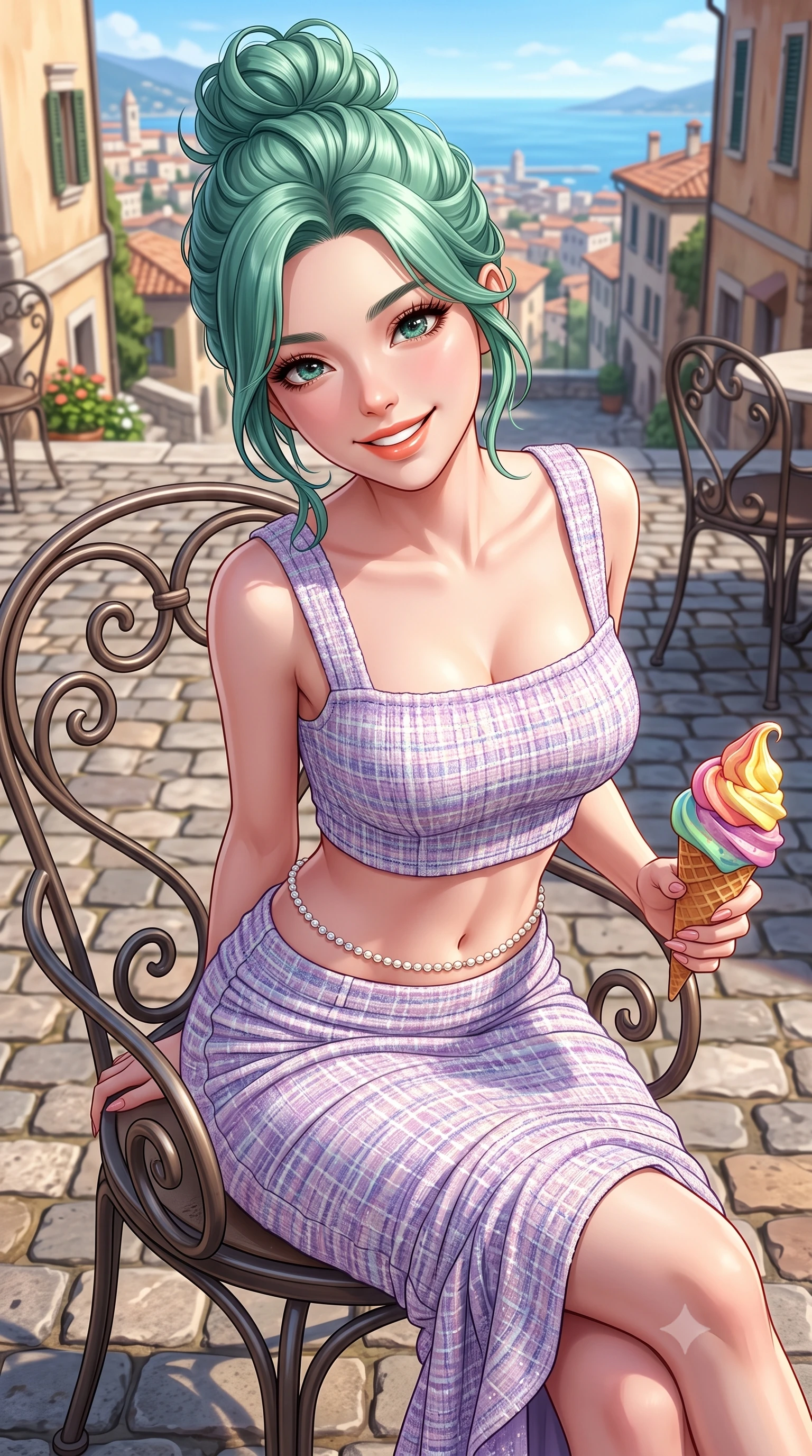 score_9, masterpiece, best quality, ultra-detailed, high-budget anime keyframe, semi-realistic 3D game render, editorial fashion photography, tasteful artistic composition, Japanese woman. close-up cowboy shot from the waist and thighs up, the character dominates the composition, filling the frame with her large presence. resting both hands lightly behind her back while leaning toward the lens with a cheerful, teasing grin, her form-fitting outfit hugging her narrow waist and feminine hip curve while sitting perched on a wrought-iron patio chair holding a colorful artisanal gelato cone, arching her back with a delightfully cute, playful smile. The surrounding environment is rendered in vivid detail and crisp panoramic clarity. sharp gelato cone texture, wrought-iron chair curls, and cobblestone paving stone seams in deep focus. She has an exceptionally elegant, slender, and willowy female figure with an ultra-slim waist, flat toned midriff, narrow ribcage, and sculpted feminine hips creating an alluring, slim hourglass silhouette without bulk. sharp v-shaped jawline, high-bridge nose, intricate jewel-like sparkling eyes with depth, thick eyelashes, glossy parted lips with a natural peach sheen, bright cheerful beaming smile with an enchanting and coquettish sensual glint, exuding both youthful cute charm and seductive allure, flawlessly proportioned anatomical accuracy, strict slender model proportions, natural body alignment, perfectly sculpted long slender limbs, ultra-slim waistline, clean dynamic posture without body distortion. wearing a fitted square-neck smocked crop top paired with a curve-hugging ruched mermaid midi skirt in delicate lavender violet and pearlescent white, tailored from soft pastel tweed with subtle metallic shimmer, accented with a dainty pearl waist chain catching the ambient sunlight, the high-waisted tailoring accentuating her ultra-slim waistline and the enchanting curve of her feminine hips with alluring charm. illuminated by crisp directional highlights accentuating her sculpted midriff, narrow waist, and curvy hips. highly saturated vibrant anime colors, detailed shading with soft gradients, rich glossy textures, high-contrast stereoscopic depth, volumetric dynamic lighting, master piece, 9:16 ratio