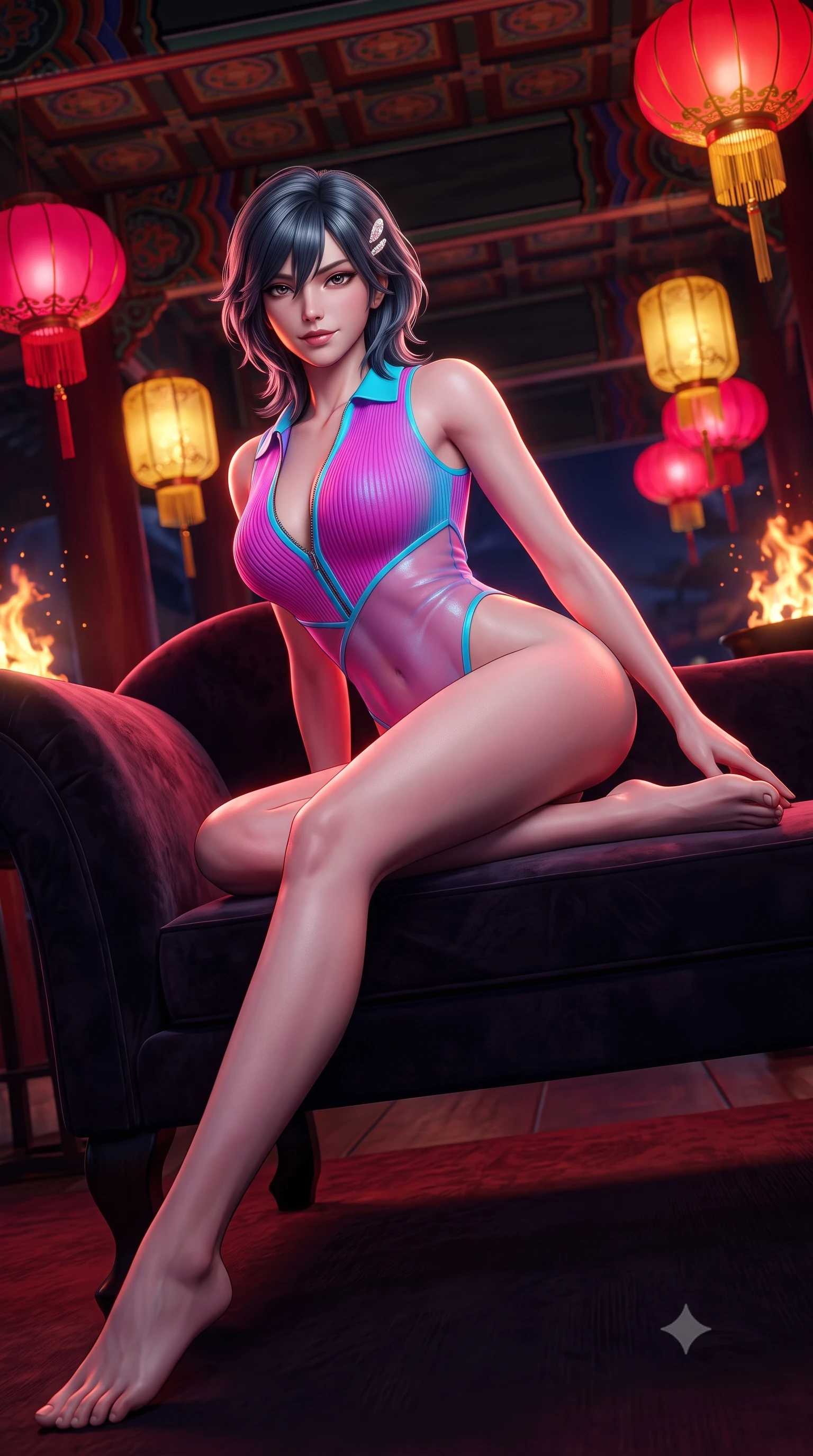score_9, masterpiece, best quality, ultra-detailed, high-budget anime keyframe, semi-realistic 3D game render, editorial fashion photography, tasteful artistic composition, Caucasian woman. low angle full-body shot from head to toe showing her feet, filling the entire 9:16 vertical frame with her statuesque presence, stretching her vertical silhouette. reclining gracefully across the plush chaise lounge with one leg extended, her sculpted silhouette and flat midriff radiating magnetic nocturnal glamour while twisting her slender torso in an alluring contrapposto stance, palace festival lanterns casting vibrant crimson glow across her curves. The background shows a soft-focus ornate dancheong ceiling patterns softened in grand palace night shallow focus. She has an absolutely perfect, statuesque 8.5-heads proportion, an exceptionally tall and slender model-like female figure with impossibly long slender legs, an ultra-slim waist, a flat toned midriff, narrow delicate ribcage, and beautifully sculpted feminine hips creating a graceful, slim hourglass silhouette without any bulky heaviness. sharp v-shaped jawline, high-bridge nose, sparkling eyes with hypnotic seductive depth, thick curled eyelashes, glossy parted lips with a natural dewy peach sheen, alluring bedroom-eyes with an enchanting coquettish smile, exuding magnetic siren charisma and sophisticated glamour, flawlessly proportioned anatomical accuracy, strict slender model proportions, natural body alignment, perfectly sculpted long slender limbs, ultra-slim waistline, clean dynamic posture without body distortion. wearing a retro-chic ribbed knit polo bodysuit with a plunging front zipper and high-cut leg openings in electric 80s magenta and neon cyan with chrome highlights, made of delicate semi-sheer Korean gossamer organza with subtle pearlescent glints, finished with delicate mother-of-pearl hairpin ornaments glinting in her dark glossy hair, the high-slit wrap tailoring accentuating her ultra-slim waistline and the enchanting curve of her feminine hips with alluring seductive charm. illuminated by brazier firelight fill and sharp golden rim lights sculpting her jawline, flat midriff, and voluptuous hip curves. highly saturated vibrant anime colors, detailed shading with soft gradients, rich glossy textures, high-contrast stereoscopic depth, volumetric dynamic lighting, master piece, 9:16 ratio
