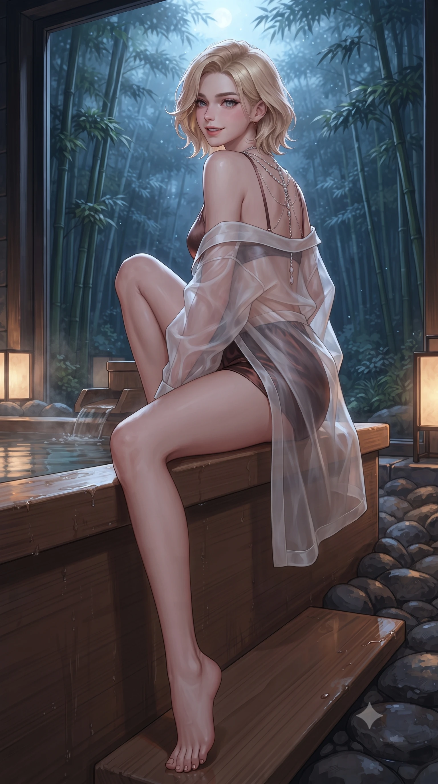 score_9, masterpiece, best quality, ultra-detailed, high-budget anime keyframe, editorial fashion photography, tasteful artistic composition, Caucasian woman. low angle full-body shot from head to toe showing her feet, filling the entire 9:16 vertical frame with her statuesque presence, stretching her vertical silhouette. posing in a classic haute-couture S-curve stance beside the floor-to-ceiling window, looking over a bare shoulder with magnetic presence while sitting perched gracefully on the warm hinoki bath edge with one knee drawn up, her long slender legs and statuesque hourglass silhouette commanding the nocturnal forest view. The surrounding environment is rendered in vivid detail and crisp panoramic clarity: sharp wet cypress wood grain, polished river stone tub surrounds, and bamboo grove textures in deep focus. She has an exceptionally tall and slender model-like 8.5-heads proportion, an ultra-slim waist, a flat toned midriff, narrow delicate ribcage, and beautifully sculpted feminine hips creating a graceful, slim hourglass silhouette without any bulky heaviness, with impossibly long slender legs. sharp v-shaped jawline, high-bridge nose, intricate jewel-like sparkling eyes with depth, thick eyelashes, glossy parted lips with a natural peach sheen, bright cheerful beaming smile with an enchanting and coquettish sensual glint, exuding both youthful cute charm and seductive allure, flawlessly proportioned anatomical accuracy, strict slender model proportions, natural body alignment, perfectly sculpted long slender limbs, ultra-slim waistline, clean dynamic posture without body distortion. wearing a sheer silk organza modern caftan robe worn loose and slipping off bare shoulders over a matching satin bralette and micro-shorts in Tribeca warm copper rose and espresso charcoal, woven from buttery-soft stretch lambskin leather adhering to her body like a second skin, accented with a pearl-drop body harness subtly framing her dewy collarbones and spine, the second-skin tailored fabric adhering flawlessly to her sculpted flat midriff and slender torso, emphasizing her long leg lines and perfectly proportioned willowy build. bathed in the ethereal cool 4500K silver moonlight filtering through tall bamboo culms mixed with warm 2400K paper lantern glows. ultra-reflective glossy finish, specular highlights, rich textural contrasts, high-contrast stereoscopic depth, volumetric dynamic lighting, 2k, ultra detail, master piece, 9:16 ratio