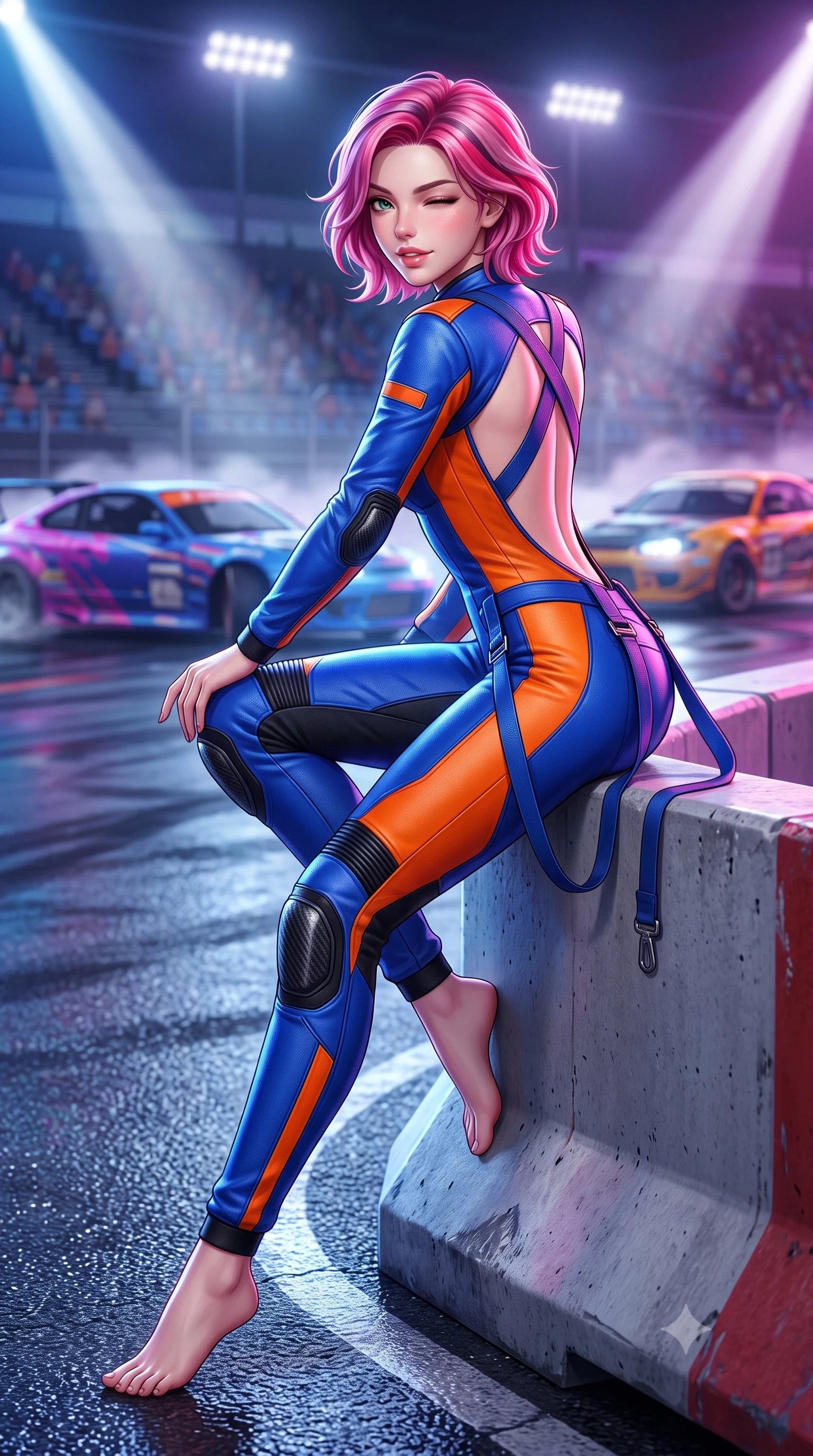 score_9, masterpiece, best quality, ultra-detailed, high-budget anime keyframe, semi-realistic 3D game render, editorial fashion photography, tasteful artistic composition, Caucasian woman. low angle full-body shot from head to toe showing her feet, filling the entire 9:16 vertical frame with her statuesque presence, stretching her vertical silhouette. sitting poised on the elevated edge with legs crossed and extended, her tall 8.5-heads proportions dominating the scene with effortless poise while pivoting sharply with supermodel momentum on the wet tarmac, a playful wink breaking across her radiant face. The composition keeps background elements in soft focus with creamy bokeh. roaring drift cars and grandstand bleachers softened in dynamic shallow depth of field. She has an absolutely perfect, statuesque 8.5-heads proportion, an exceptionally tall and slender model-like female figure with impossibly long slender legs, a toned flat midriff, and an ultra-slim waist. sharp v-shaped jawline, high-bridge nose, intricate jewel-like eyes with depth, thick eyelashes, glossy parted lips with a natural sheen, intensely captivating and seductive expression, flawlessly proportioned anatomical accuracy, strict slender model proportions, natural body alignment, perfectly sculpted long slender limbs, ultra-slim waistline, clean dynamic posture without body distortion. wearing a daring open-back racing jumpsuit with crossed elastic suspension straps and form-hugging fit in electric cobalt blue and high-contrast orange, crafted from flexible ballistic matte leather and aerodynamic stretch neoprene, accented with hanging industrial clip straps and carbon fiber knee sliders, the glove-like aerodynamic second-skin fit tightly clinging to her ultra-slender waist and athletic curves without adding bulk, accentuating her razor-sharp statuesque lines and slim hourglass silhouette. bathed in dynamic color-shifting LED race lights and sweeping white spotlight fill. highly saturated vibrant anime colors, detailed shading with soft gradients, rich glossy textures, high-contrast stereoscopic depth, volumetric dynamic lighting, master piece, 9:16 ratio