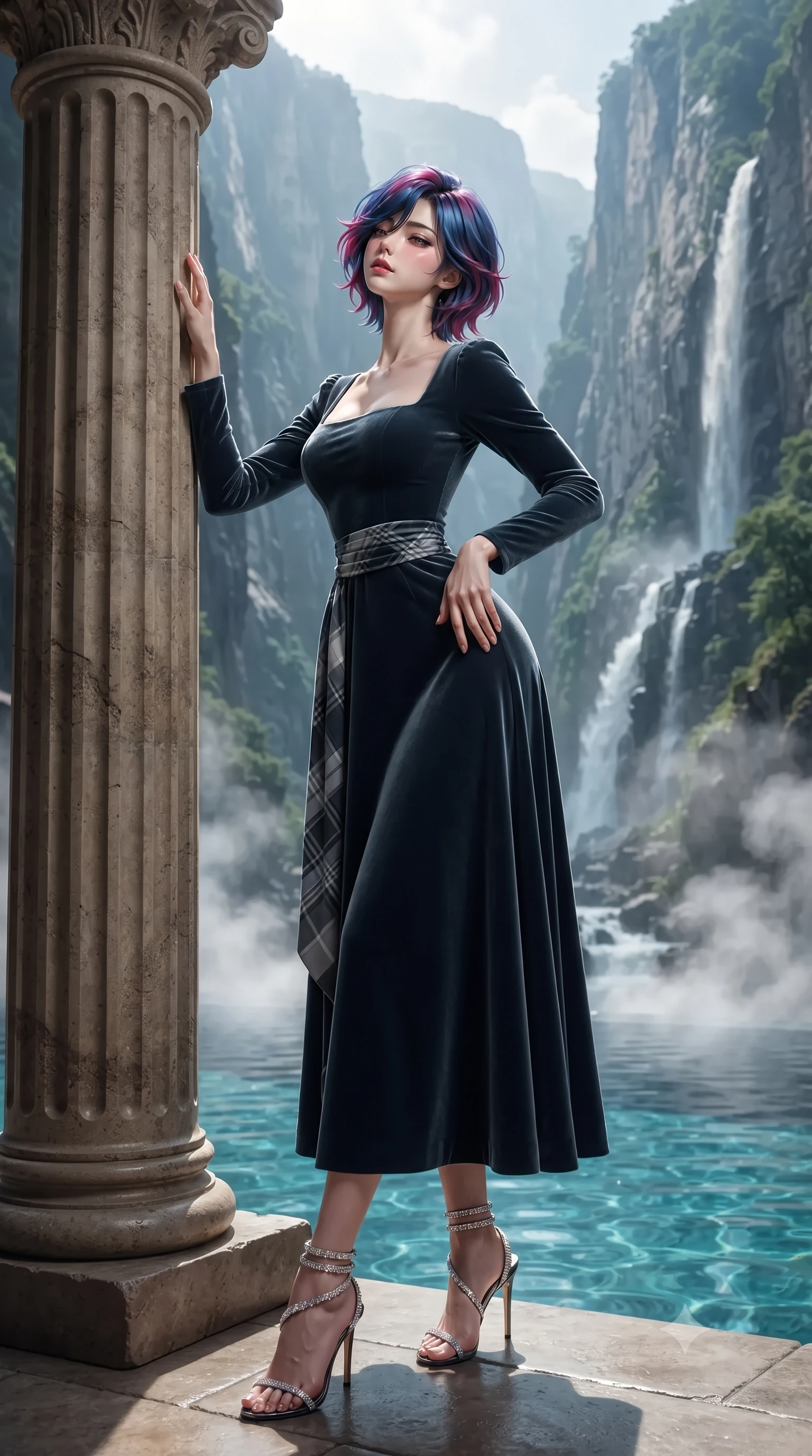 score_9, masterpiece, best quality, ultra-detailed, high-budget anime keyframe, editorial fashion photography, tasteful artistic composition, Korean woman. low angle full-body shot from head to toe showing her feet, filling the entire 9:16 vertical frame with her statuesque presence, stretching her vertical silhouette. standing tall beside the architectural column, one hand resting high while arching her lower back to emphasize her sculpted feminine hips and slender waist while leaning against the acrylic infinity pool rim with hips cocked back, looking up at sheer 1,000-meter vertical granite cliffs and tumbling waterfalls with heavy-lidded bedroom-eyes. The background shows a soft-focus billowing thermal hot tub steam softened in dramatic Nordic canyon hideaway shallow focus. She has an exceptionally tall and slender model-like 8.5-heads proportion, an ultra-slim waist, a flat toned midriff, narrow delicate ribcage, and beautifully sculpted feminine hips creating a graceful, slim hourglass silhouette without any bulky heaviness, with impossibly long slender legs. sharp v-shaped jawline, high-bridge nose, intricate jewel-like sparkling eyes with depth, thick eyelashes, glossy parted lips with a natural peach sheen, bright cheerful beaming smile with an enchanting and coquettish sensual glint, exuding both youthful cute charm and seductive allure, flawlessly proportioned anatomical accuracy, strict slender model proportions, natural body alignment, perfectly sculpted long slender limbs, ultra-slim waistline, clean dynamic posture without body distortion. wearing a classical Scottish Victorian velvet evening gown with modest square neckline and tartan sash in Mont-Saint-Michel granite slate grey and moonlit tide silver, crafted from bespoke double-faced cashmere with an exceptionally soft tactile finish, complemented by strappy stiletto sandals with crystal ankle wraps accentuating her slender calves, the bespoke structured tailoring following the natural line of her 8.5-heads silhouette with refined elegance. bathed in underwater pool turquoise LEDs combined with golden late-evening sun filtering between narrow mountain gaps. ultra-reflective glossy finish, specular highlights, rich textural contrasts, high-contrast stereoscopic depth, volumetric dynamic lighting, 2k, ultra detail, master piece, 9:16 ratio