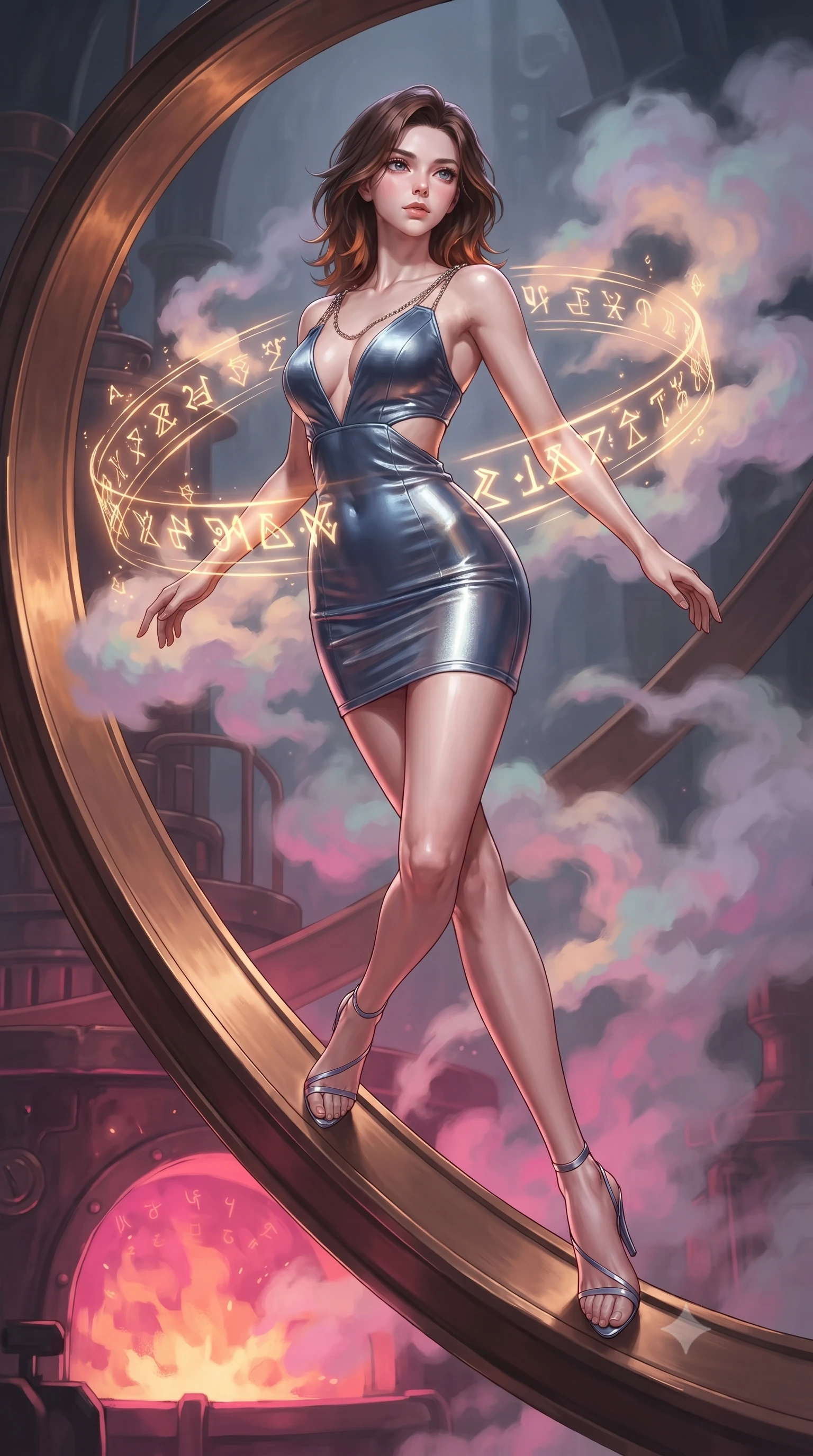 score_9, masterpiece, best quality, ultra-detailed, high-budget anime keyframe, editorial fashion photography, tasteful artistic composition, Korean woman. low angle full-body shot from head to toe showing her feet, filling the entire 9:16 vertical frame with her statuesque presence, stretching her vertical silhouette. performing an athletic mid-air rotation with flawless poise, her vertical silhouette beautifully stretched while stepping along a curved bronze beam while pastel steam clouds swirl around her, glowing alchemy runes hovering in mid-air, casting golden light on her face. She has an absolutely perfect, statuesque 8.5-heads proportion, an exceptionally tall and slender model-like female figure with impossibly long slender legs and an ultra-slim waist. sharp v-shaped jawline, high-bridge nose, intricate jewel-like eyes with depth, thick eyelashes, glossy lips with a natural sheen, flawlessly proportioned anatomical accuracy, natural body alignment, perfectly sculpted elegant limbs, clean dynamic posture without body distortion. wearing a liquid mercury gloss mini dress with ultra-deep V-neck and waist cutouts in slate blue and metallic silver, made of premium stretch velvet with a rich sheen, adorned with delicate metallic chain straps along the neckline, the tailored fabric tightly following every curve of her athletic build. bathed in hot pink and orange furnace underlighting with sharp bronze speculars. ultra-reflective glossy finish, specular highlights, metallic sheen, high-contrast stereoscopic depth, volumetric dynamic lighting, 2k, ultra detail, master piece, 9:16 ratio