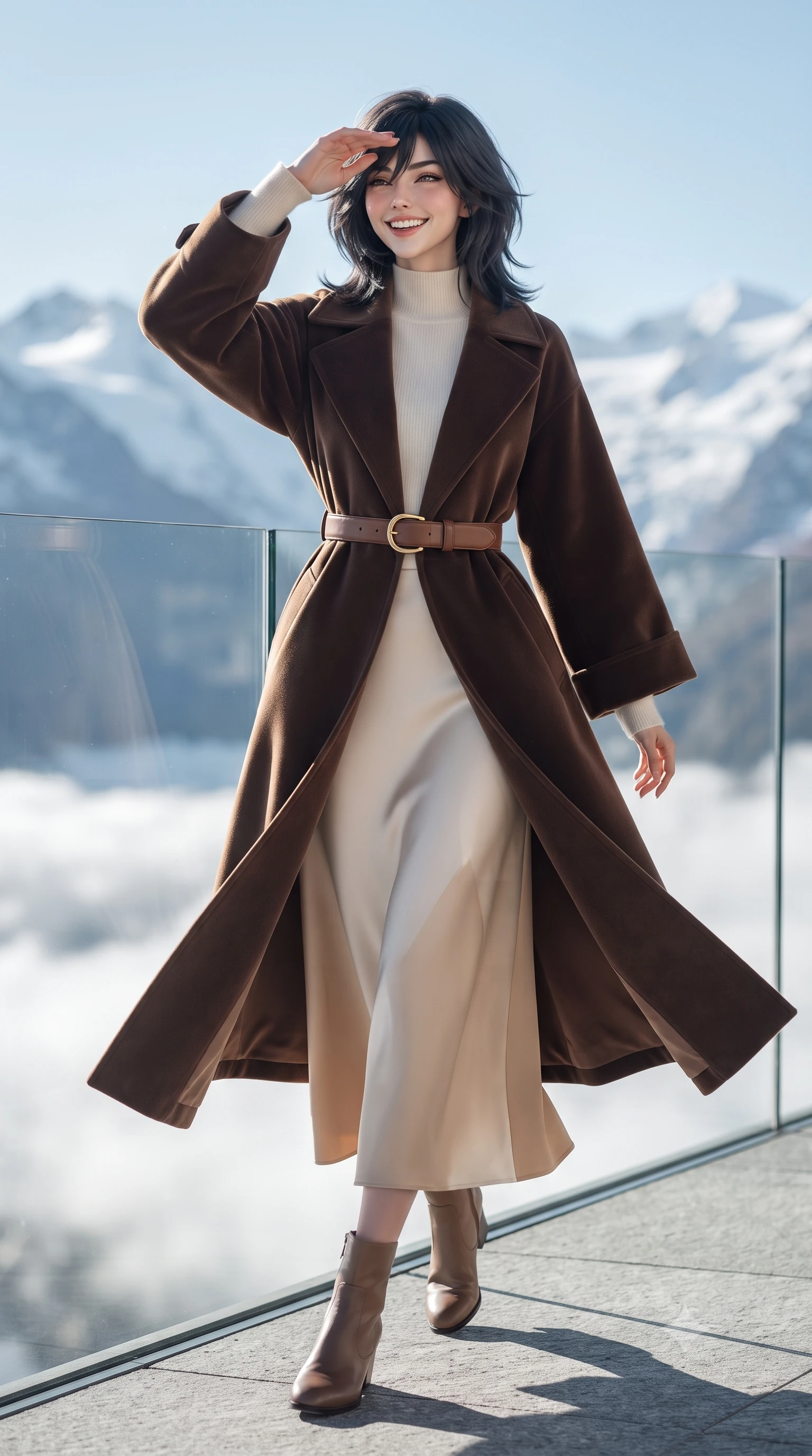 score_9, masterpiece, best quality, ultra-detailed, high-budget anime keyframe, editorial fashion photography, tasteful artistic composition, Caucasian woman. low angle full-body shot from head to toe showing her feet, filling the entire 9:16 vertical frame with her statuesque presence, stretching her vertical silhouette. stepping forward gracefully in mid-motion with a radiant beaming smile, her long tailored coat fluttering around her slender legs while leaning against the clear glass infinity balustrade with one hand raised to shade her eyes from the sparkling snow glare, exuding athletic chic. The background shows a soft-focus endless jagged peaks of the Bernina mountain range, swirling cloud inversions in the valley below, and dazzling sunlit glaciers blurred into sapphire, stark white, and platinum bokeh. She has an exceptionally tall and slender model-like 8.5-heads proportion, an ultra-slim waist, a flat toned midriff, narrow delicate ribcage, and beautifully sculpted feminine hips creating a graceful, slim hourglass silhouette without any bulky heaviness, with impossibly long slender legs. sharp v-shaped jawline, high-bridge nose, intricate jewel-like sparkling eyes with depth, thick eyelashes, glossy parted lips with a natural peach sheen, bright cheerful beaming smile with an enchanting and coquettish sensual glint, exuding both youthful cute charm and seductive allure, flawlessly proportioned anatomical accuracy, strict slender model proportions, natural body alignment, perfectly sculpted long slender limbs, ultra-slim waistline, clean dynamic posture without body distortion. wearing an elegant tailored wool trench with kimono-inspired wide sleeves worn over an ivory mock-neck sweater and long skirt in soft champagne ivory and warm biscuit beige, crafted from rich cotton velvet with deep light-absorbing pile and soft gradients, finished with a smooth equestrian bridle-leather belt with a polished brass horseshoe buckle, the expertly draped wool fabric falling in crisp fluid lines along her tall 8.5-heads silhouette, celebrating her slender frame without excess fabric bulk. illuminated by crisp platinum rim lights and soft fire pit warmth sculpting her cheekbones, narrow waist, and athletic statuesque build. ultra-reflective glossy finish, specular highlights, rich textural contrasts, high-contrast stereoscopic depth, volumetric dynamic lighting, 2k, ultra detail, master piece, 9:16 ratio