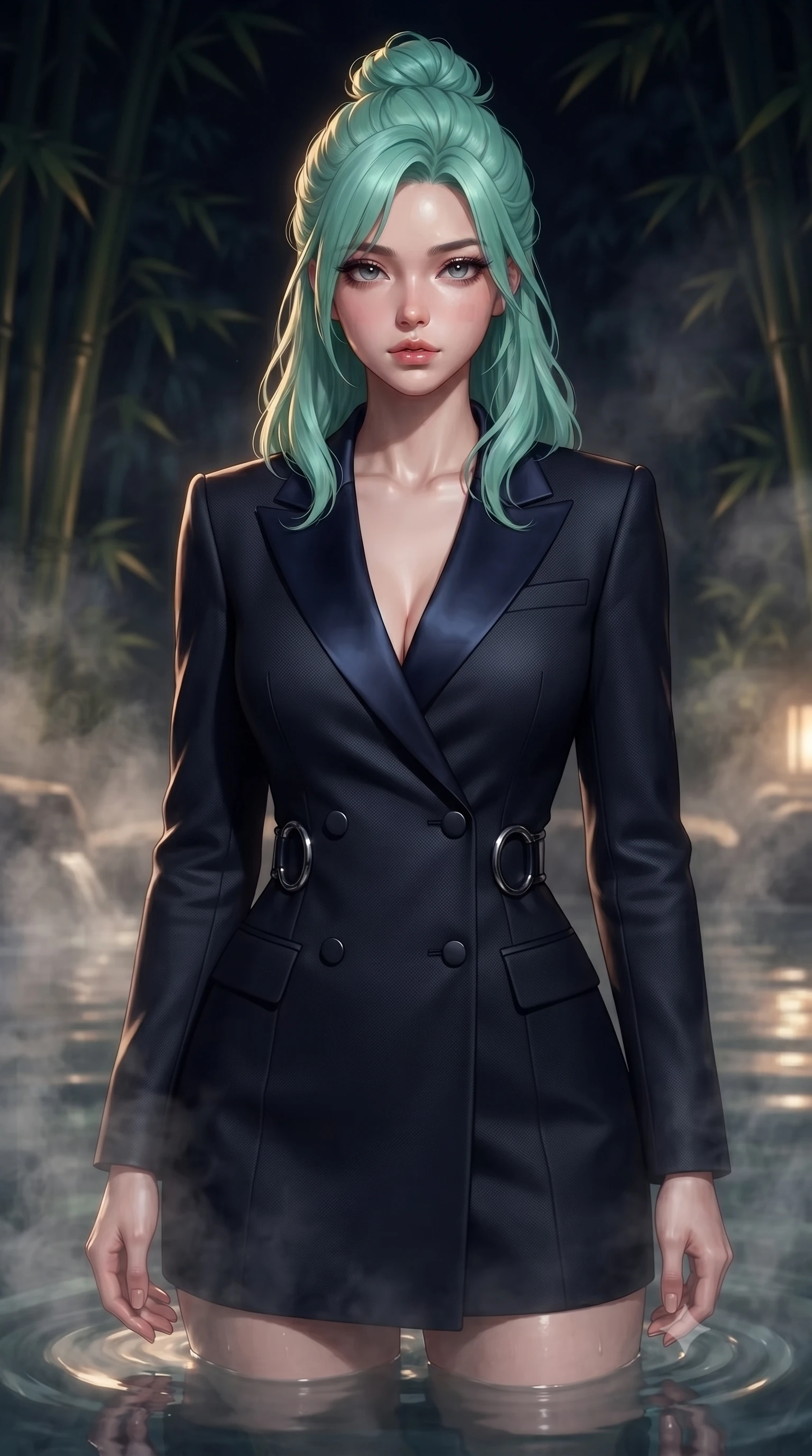 score_9, masterpiece, best quality, ultra-detailed, high-budget anime keyframe, editorial fashion photography, tasteful artistic composition, Japanese woman. close-up cowboy shot from the waist and thighs up, the character dominates the composition, filling the frame with her large presence, background elements kept in soft focus. Casting a slow, direct gaze beneath heavy lashes with quiet intensity, immersed to the waist in steaming mineral waters as night mist swirls around, dewy natural skin finish with glossy lips and thick eyelashes. She has an exceptionally elegant, slender, and willowy female figure with an ultra-slim waist, a gracefully sculpted slender torso, and a refined silhouette. sharp v-shaped jawline, high-bridge nose, intricate jewel-like eyes with depth, thick eyelashes, glossy lips with a natural sheen. wearing tailored double-breasted obsidian blazer dress with silk lapels in midnight navy blue, made of matte carbon-fiber weave, accented with sculpted obsidian chrome rings at the waist, the fitted fabric emphasizing her ultra-slim waist. lit by low-key golden rays piercing through dark bamboo shadows. highly saturated vibrant anime colors, detailed shading with soft gradients, rich glossy textures, high-contrast stereoscopic depth, volumetric dynamic lighting, master piece, 9:16 ratio
