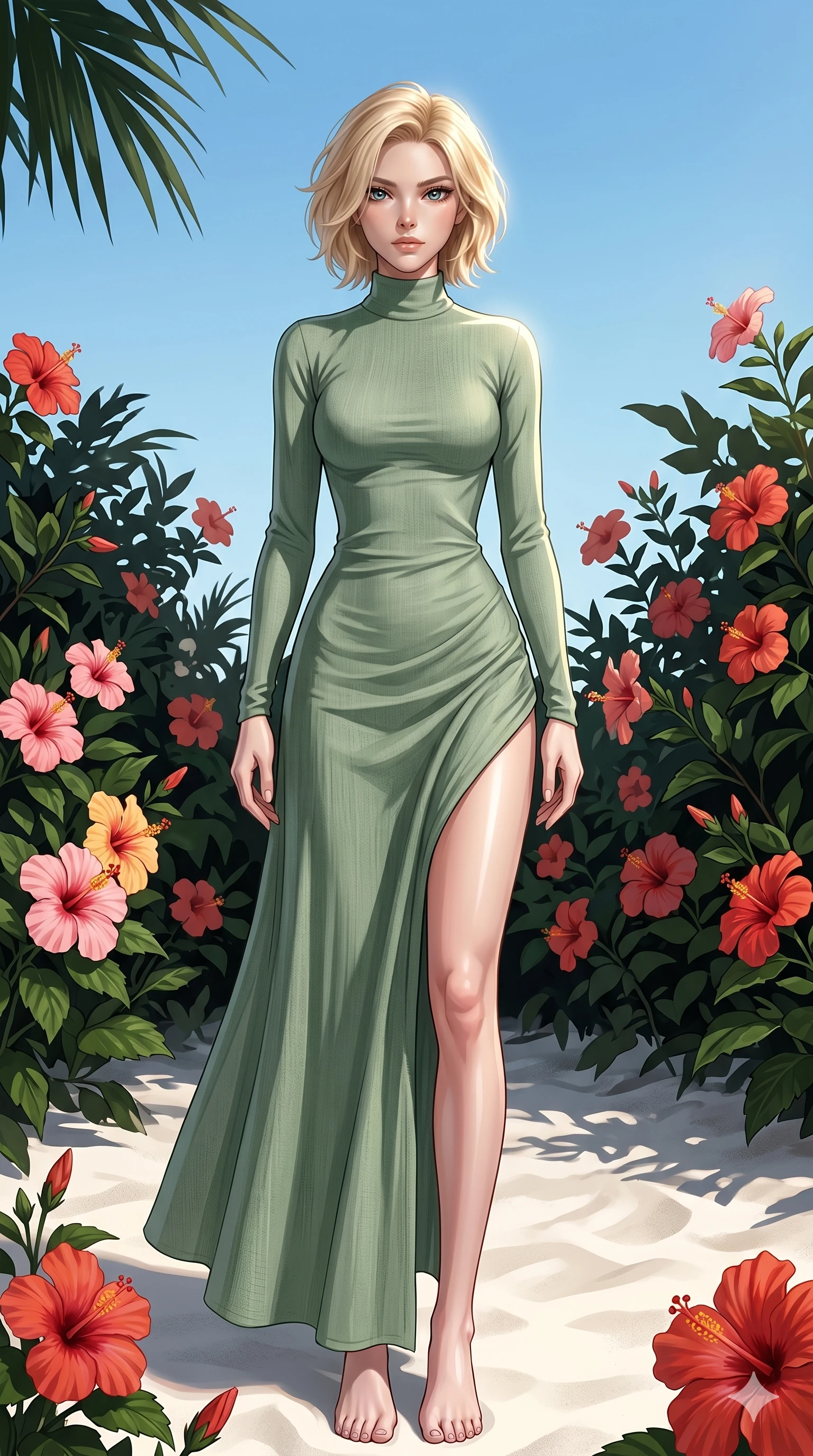 score_9, masterpiece, best quality, ultra-detailed, high-budget anime keyframe, editorial fashion photography, tasteful artistic composition, Caucasian woman, strictly human ears. cowboy shot from the thighs up, character and outfit filling the frame for maximum editorial presence. standing among tropical hibiscus, looking at the viewer with an air of superiority on a secluded white sand beach under a clear summer sky (Code-P19-061). She has an absolutely perfect 8-heads proportion, an exceptionally tall and slender female figure with impossibly long slender legs and an ultra-slim waist. V-shaped jawline, high-bridge nose, intricate jewel-like eyes with depth, thick eyelashes, glossy lips with a natural sheen. wearing a high-neck long-sleeve resort dress in a lightweight sage green cotton. bright cinematic key light tracing the sleek contours of her athletic figure in the sun. 2k, ultra detail, master piece, 9:16 ratio