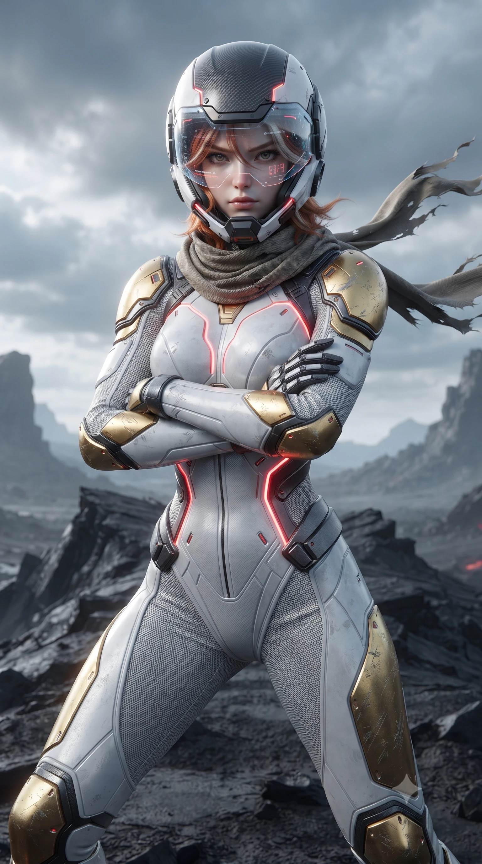 score_9, masterpiece, best quality, ultra-detailed, high-budget anime keyframe, editorial fashion photography, tasteful artistic composition, Caucasian woman. close-up cowboy shot from the waist and thighs up, the character dominates the composition, filling the frame with her large presence. shifting into a low cat-stance with arms crossed defensively, glowing energy conduits tracing her ultra-slim waist and sculpted clavicle while standing tall on a jagged obsidian ridge with wind tearing at her tactical scarf, silhouette dominating the desolate horizon. The surrounding environment is rendered in vivid detail and crisp panoramic clarity. sharp carbon pauldron edge bevels, glowing red conduit lines, and textured ash ground in deep focus. She has an exceptionally elegant, slender, and willowy female figure with an ultra-slim waist, a gracefully sculpted slender torso, toned flat midriff, and a refined slim silhouette. sharp v-shaped jawline, high-bridge nose, intricate jewel-like eyes with depth, thick eyelashes, glossy lips with a natural sheen, fierce and resolute heroine expression, flawlessly proportioned anatomical accuracy, strict slender model proportions, natural body alignment, perfectly sculpted long slender limbs, ultra-slim waistline, clean dynamic posture without body distortion. wearing an open-face aerodynamic carbon-fiber combat helmet with a retracted transparent holographic HUD visor framing her sharp jawline and jewel-like eyes, paired with a tailored tactical combat jumpsuit with an open-back harness design, reinforced composite breastplate, and high-mobility elbow dampers in arctic white carbon composite with scratched solar gold armor plating, tailored from flexible second-skin ballistic carbon-mesh adhering flawlessly to her athletic build, featuring a sleek aerodynamic collar framed by subtle glowing cybernetic status LEDs, the sleek second-skin cut tightly hugging her graceful clavicle, narrow waist, and feminine curves with athletic precision. illuminated by crisp white key light with sharp specular highlights tracing her ultra-slim waist and long legs. ultra-reflective glossy finish, specular highlights, dark metallic sheen, high-contrast stereoscopic depth, volumetric dynamic lighting, 2k, ultra detail, master piece, 9:16 ratio