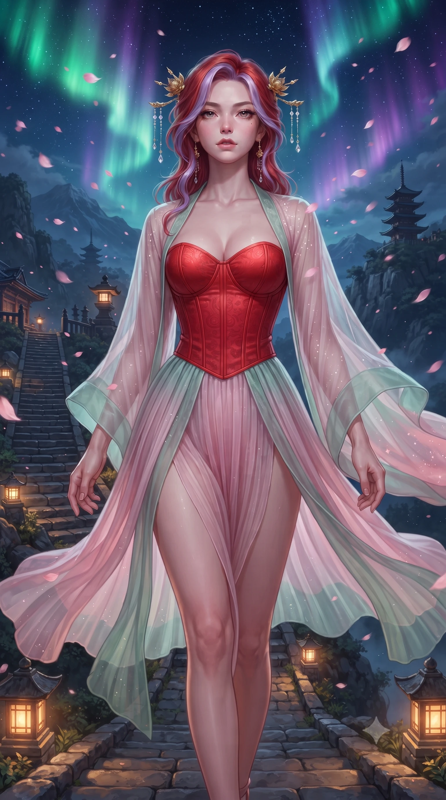 score_9, masterpiece, best quality, ultra-detailed, high-budget anime keyframe, editorial fashion photography, tasteful artistic composition, Caucasian woman. close-up cowboy shot from the waist and thighs up, the character dominates the composition, filling the frame with her large presence. tilting her chin up with proud, sovereign confidence while gazing directly into the lens with thick, dark eyelashes while stepping along the mountain crest path as wind whips cherry blossom petals and stardust around her statuesque silhouette. The surrounding environment is rendered in vivid detail and crisp panoramic clarity. mystical nocturnal chiaroscuro and sacred high-altitude mountain shrine grandeur captured with sharpness. She has an exceptionally elegant, slender, and willowy female figure with an ultra-slim waist, a gracefully sculpted slender torso, toned flat midriff, and a refined slim silhouette. sharp v-shaped jawline, high-bridge nose, intricate jewel-like eyes with depth, thick eyelashes, glossy lips with a natural sheen, captivating and magnetic expression, flawlessly proportioned anatomical accuracy, strict slender model proportions, natural body alignment, perfectly sculpted long slender limbs, ultra-slim waistline, clean dynamic posture without body distortion. wearing a sacred shrine maiden couture robe with sheer pleated chiffon skirt and structured scarlet corset top in lotus petal pink and jade mist, tailored from crisp ceremonial cotton and multi-layered translucent chiffon, finished with delicate golden lotus hairpins and dangling crystal beads, the liquid-tight tailored fabric emphasizing every curve of her tall, slender model proportions and sculptured silhouette during dynamic movement. bathed in vibrant emerald and violet aurora light overhead and warm golden lantern uplights from below. ultra-reflective glossy finish, specular highlights, rich textural contrasts, high-contrast stereoscopic depth, volumetric dynamic lighting, 2k, ultra detail, master piece, 9:16 ratio