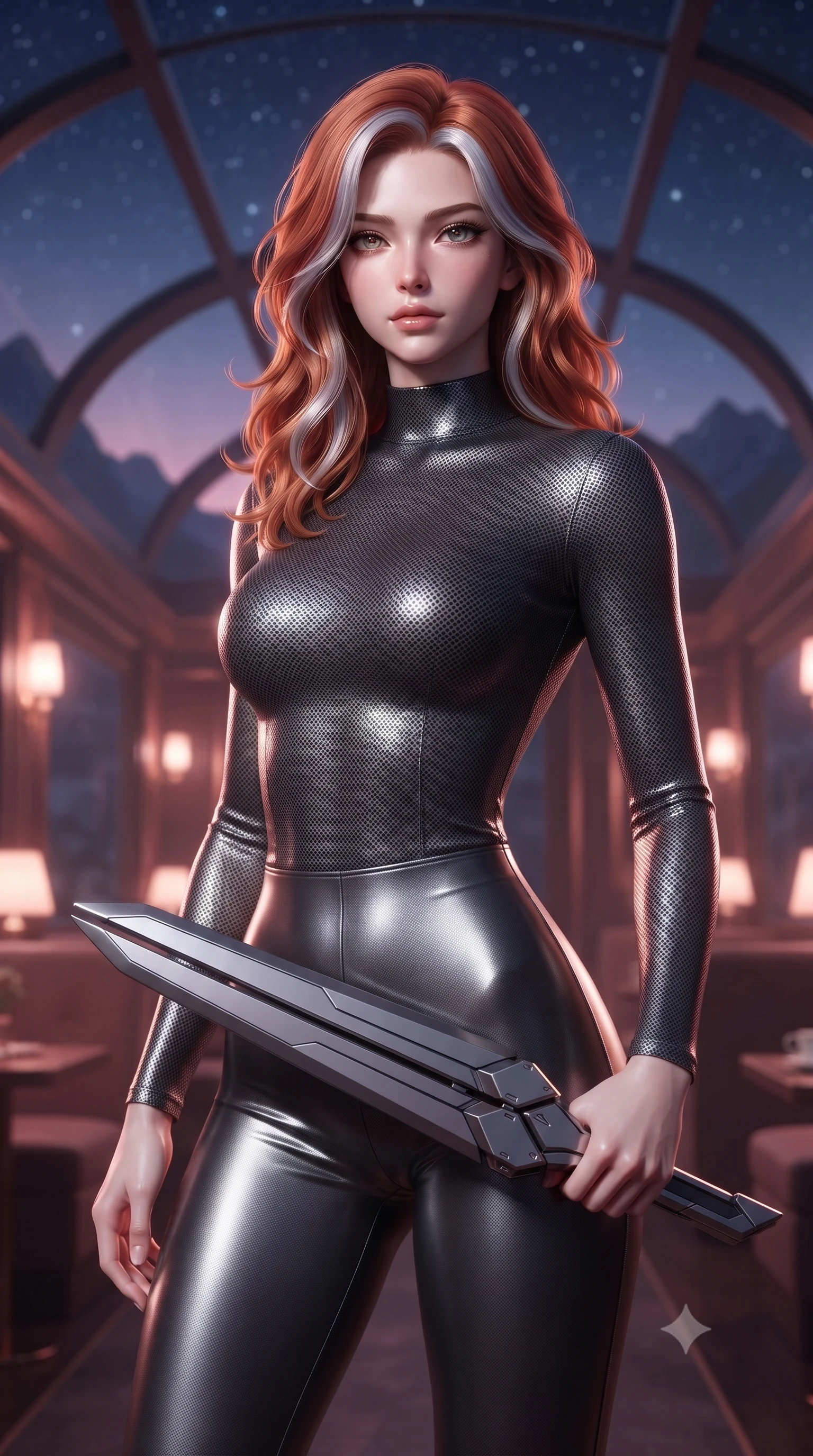 score_9, masterpiece, best quality, ultra-detailed, high-budget anime keyframe, editorial fashion photography, tasteful artistic composition, Caucasian woman. close-up cowboy shot from the waist and thighs up, the character dominates the composition, filling the frame with her large presence, background elements kept in soft focus. holding a deactivated nanotech glaive, looking past the camera with quiet, sharp focus and a composed expression, the background shows a soft-focus a train bar lounge with glass ceilings showing stars and mountain silhouettes. She has an exceptionally elegant, slender, and willowy female figure with an ultra-slim waist, a gracefully sculpted slender torso, and a refined silhouette. sharp v-shaped jawline, high-bridge nose, intricate jewel-like eyes with depth, thick eyelashes, glossy lips with a natural sheen. wearing a tailored body-hugging carbon-mesh mock-neck top paired with tight-fitting carbon-fiber leggings. soft pink and amber sunset glow painting the cabin in a romantic wash. ultra-reflective glossy finish, specular highlights, metallic sheen, high-contrast stereoscopic depth, volumetric dynamic lighting, 2k, ultra detail, master piece, 9:16 ratio